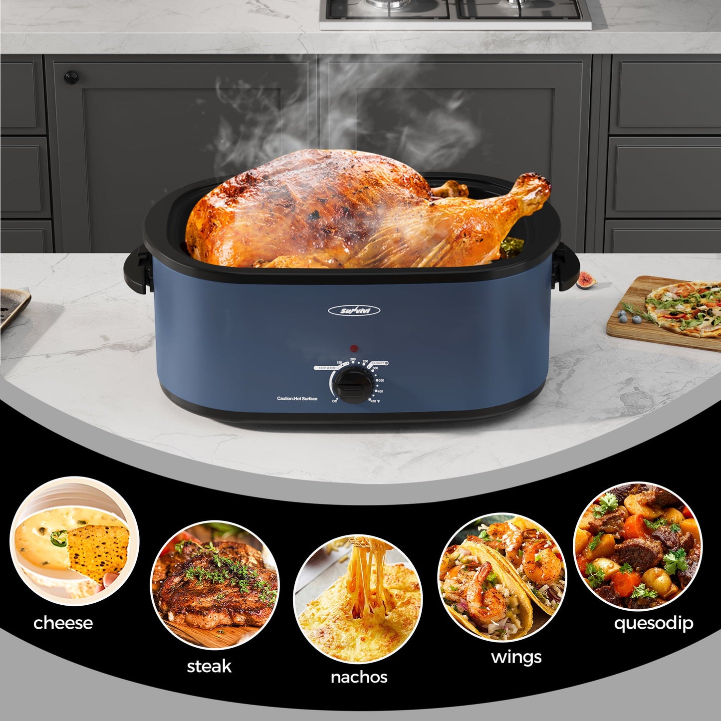 Sunvivi 24qt Electric Roaster Oven with Self-Basting Lid, Stainless Steel, Blue