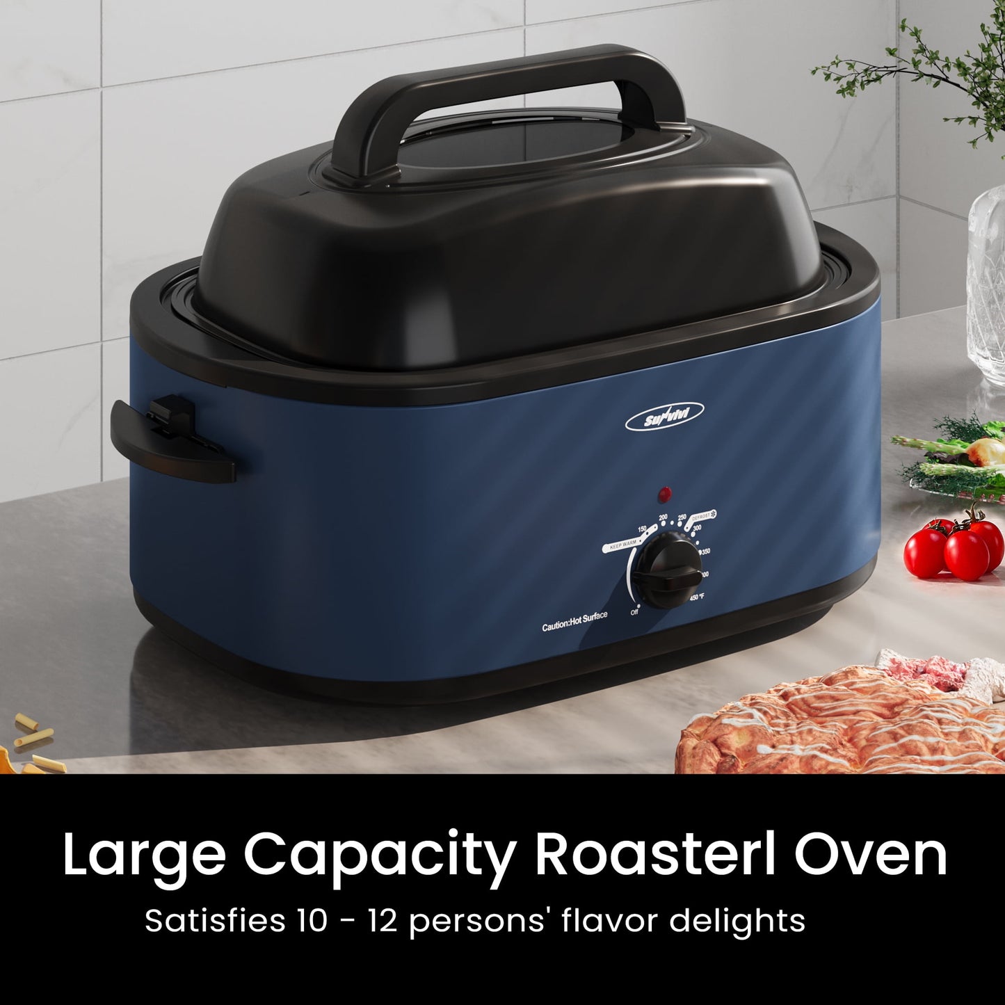 Sunvivi 24qt Electric Roaster Oven with Self-Basting Lid, Stainless Steel, Blue