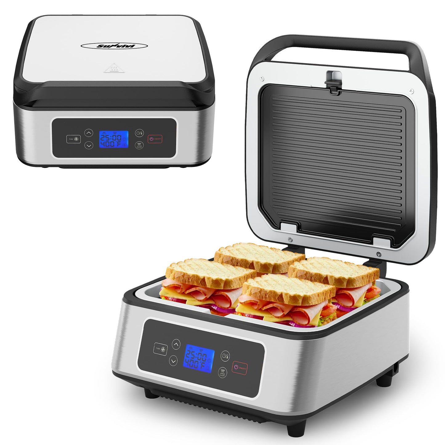 Sunvivi 1300W Smokeless Indoor Grill, Electric Panini Press Sandwich Maker with Auto-Lift, Fan, Independent Upper Heating, and Smart Time & Temperature Control, Removable Non-Stick Plates