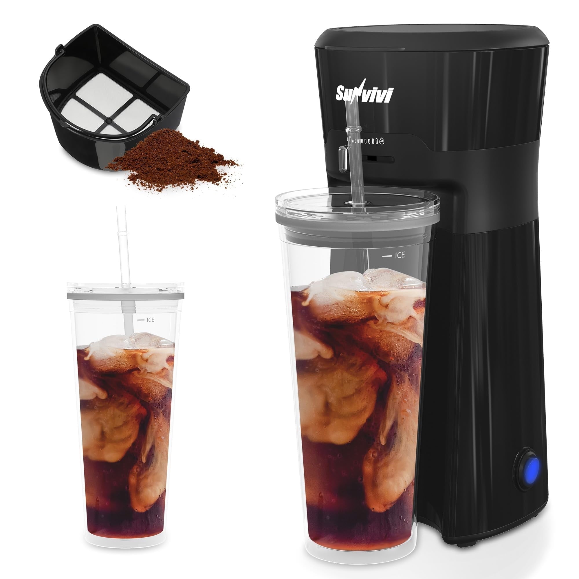 Sunvivi 20 oz Iced Tea Maker for Ground Coffee, Cold Brew Coffee Maker with Reusable Coffee Filter and Insulated Pitcher, Single Serve Machine for