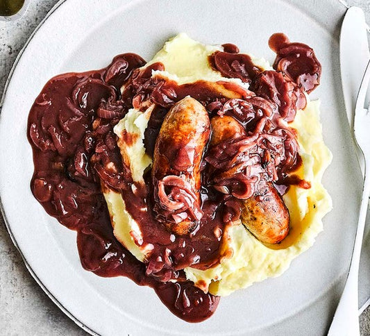 Bangers and mash with onion gravy