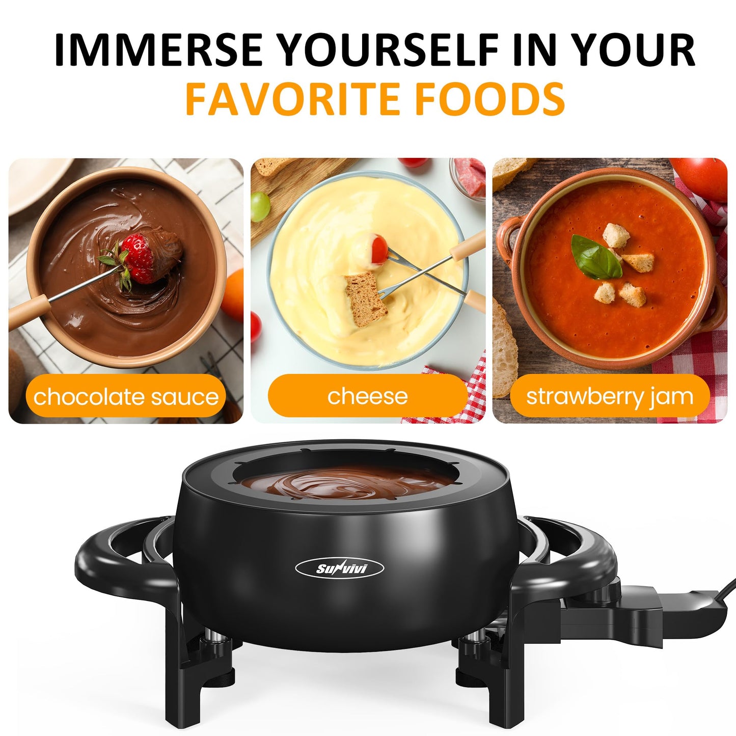 SUNVIVI Electric Fondue Pot Set for Melting Chocolate Cheese, 3 Quart Fondue Set with Adjustable Temperature Control and 8 Color-Coded Forks, 1000W Non-Stick Fondue Maker for Dessert, Oil and Broth