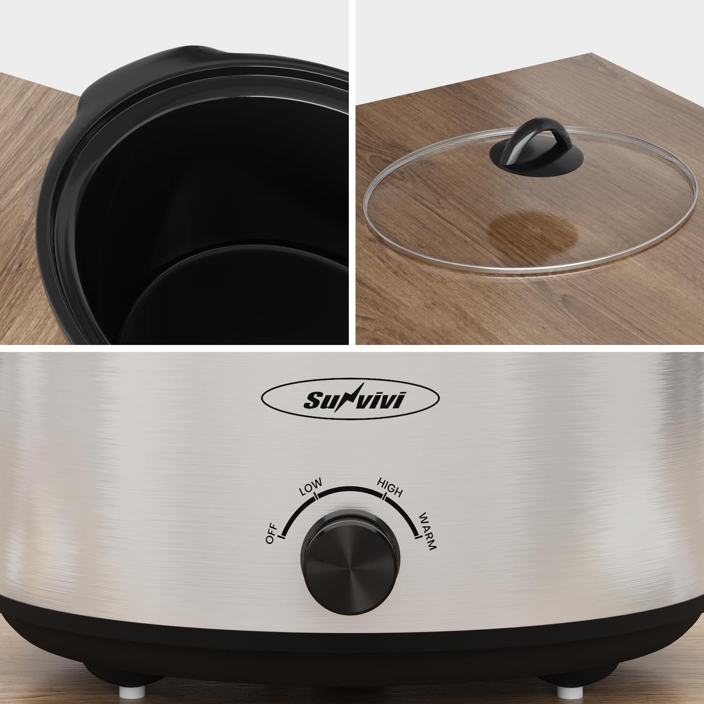 SUNVIVI Small Slow Cooker 4QT, Mini Food Warmer with 3 Heating Settings, Removable Ceramic Pots, Dishwasher Safe Glass Lid, Stainless Steel