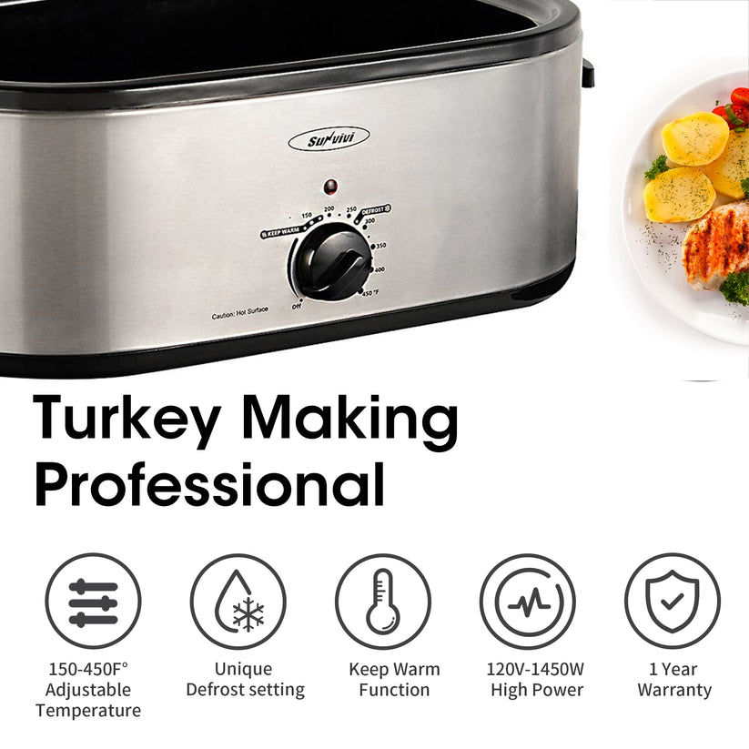 26 Quart Electric Turkey Roaster Oven with Visible Glass Lid,Removable Pan & Rack, Stainless Steel,Silver