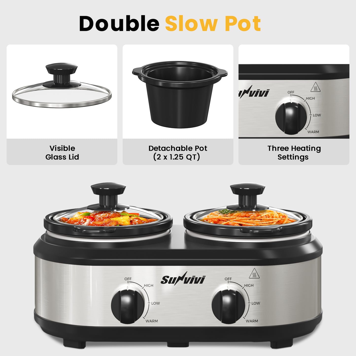 Sunvivi Dual Slow Cooker, Buffet Server and Warmer with 2 Removable Ceramic Pots, Slow Cooker Food Warmer with 3 Adjustable Temp & 2 Visible Glass Lids, Stainless Steel, Total 2.5 QT