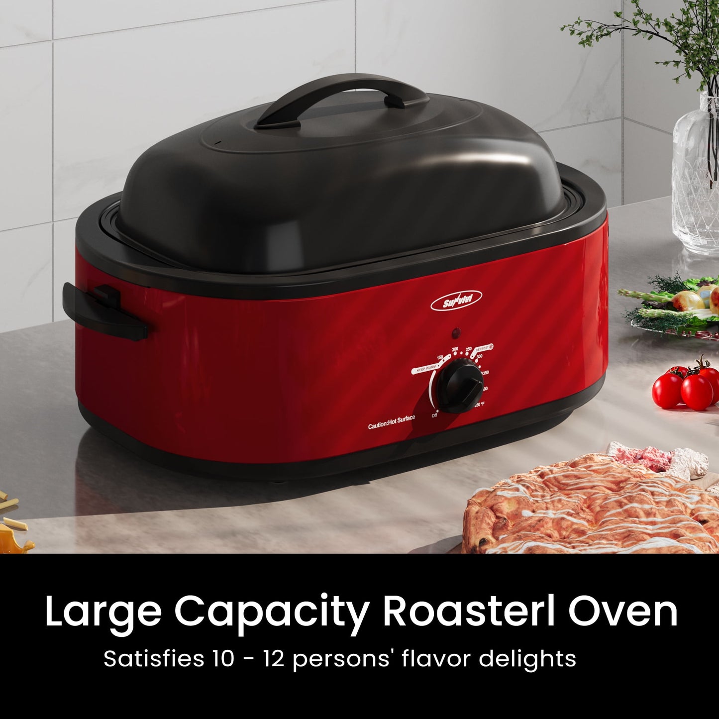 Sunvivi Roaster Oven with Self-Basting Lid, 20qt Electric Roaster with Removable Pan & Rack, Turkey Roaster Oven with Defrost & Warm Function, Stainless Steel, Red