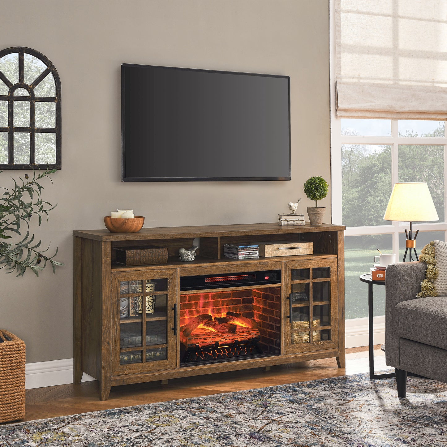 55 inch TV Media Stand with Electric Fireplace KD Inserts Heater,Reclaimed Barnwood Color