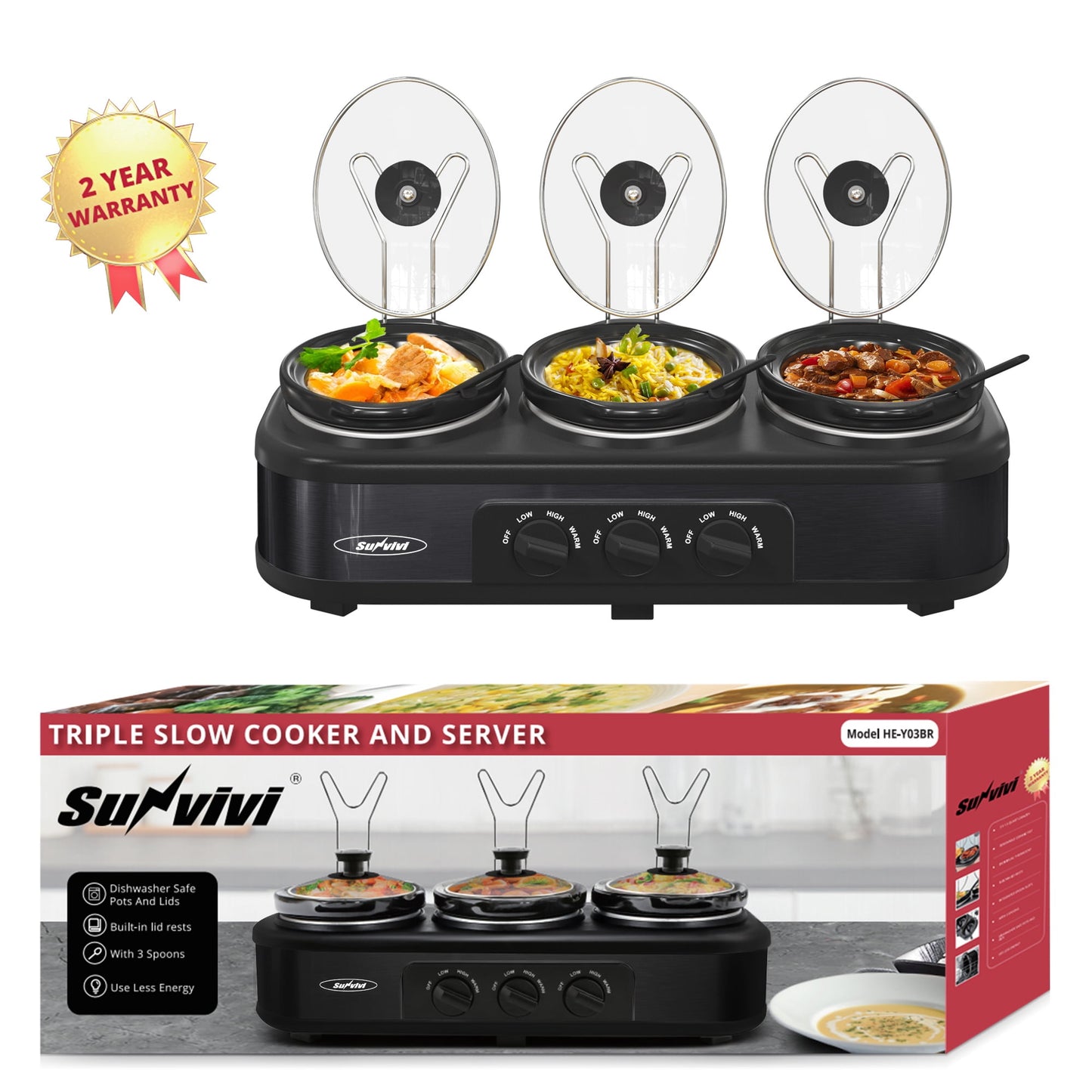 Triple Slow Cooker with 3 Spoons, 3 Pot 1.5 Quart Oval Crock Food Warmer Buffet Server, Stainless Steel