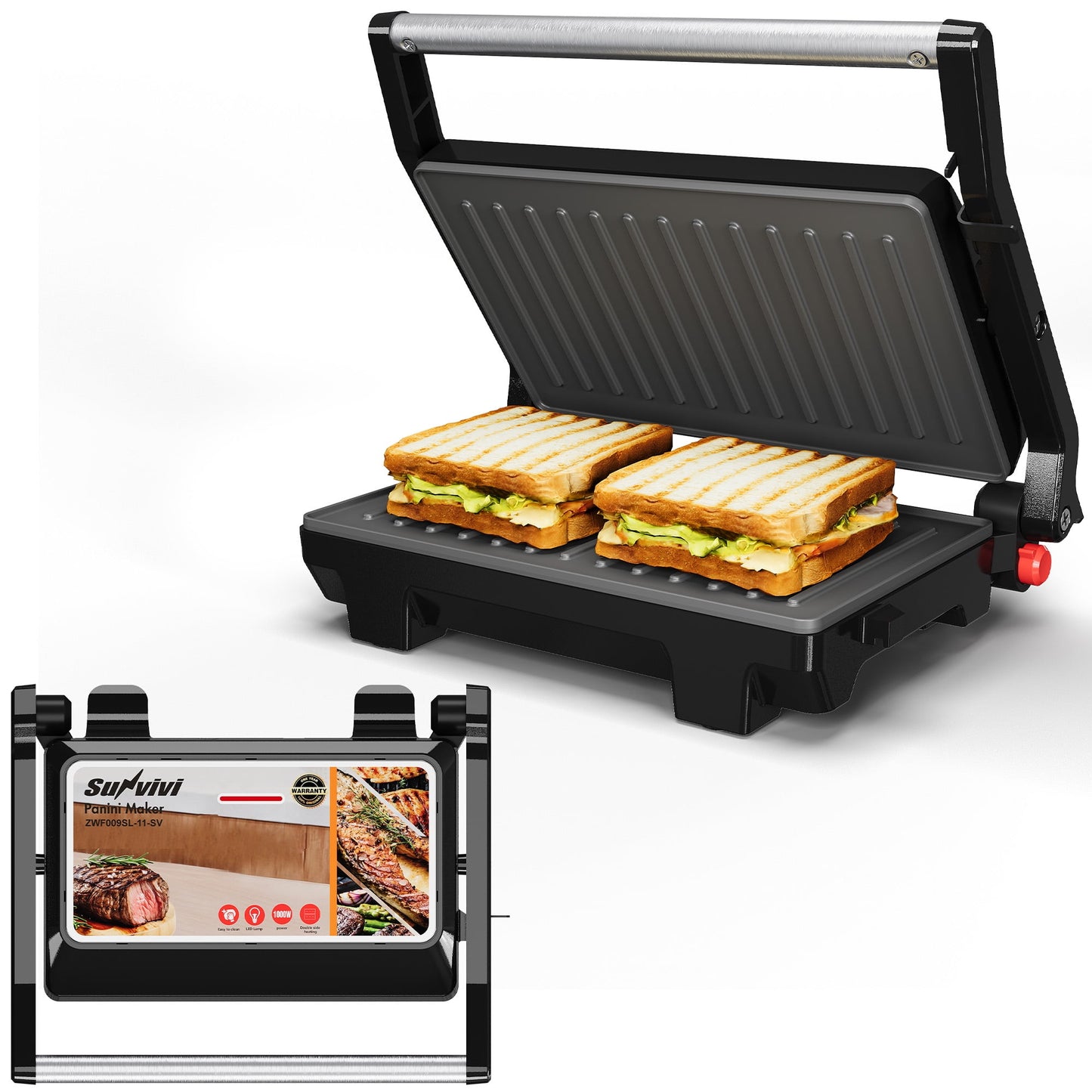 Sunvivi 1000W Portable Panini Press Sandwich Maker
