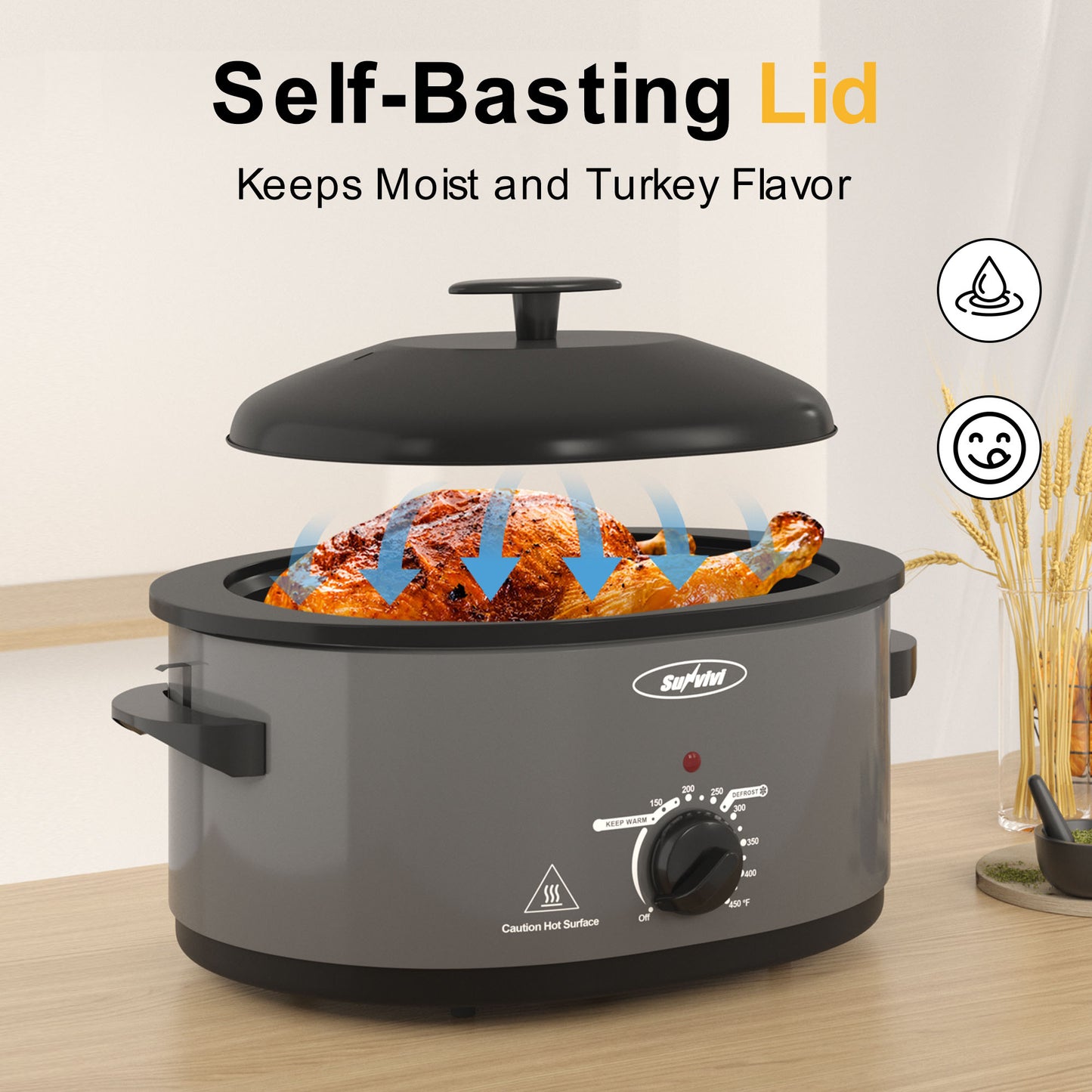 8-Quart Roaster Oven, Electric Roaster Oven with Self-Basting Lid, Turkey Roaster with Unique Defrost/Warm Function, Large Roaster with Removable Pan & Rack, Stainless Steel, Grey