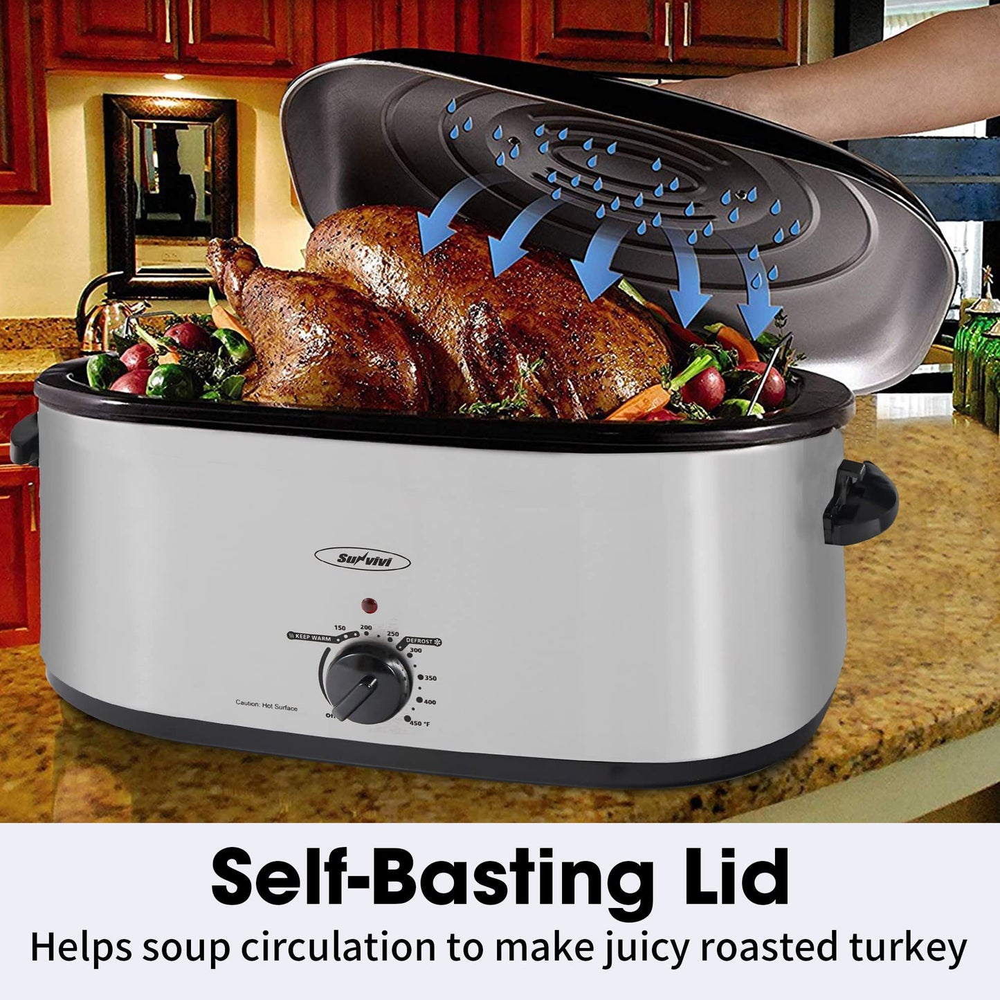 Sunvivi Electric Roaster, 18 Quart Roasting Oven with Self-Basting Lid Removable Pan, Turkey Roaster Oven with 150º to 450ºF Temperature Control Cool-Touch Handles, Silver