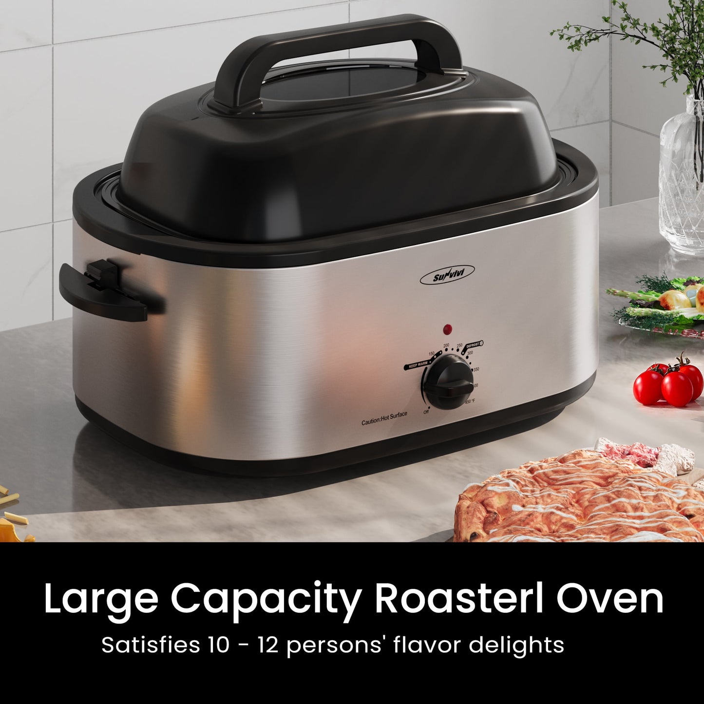 Sunvivi  22 Qt Roaster Oven with Removable Pan, Electric Turkey Roaster with Self-Basting Glass Lid, Silver
