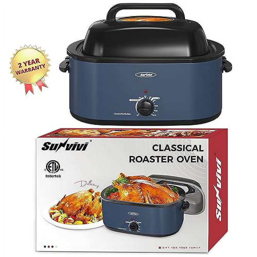 24 Quart Electric Turkey Roaster Oven with Visible Glass Lid,Removable Pan & Rack, Stainless Steel,Blue