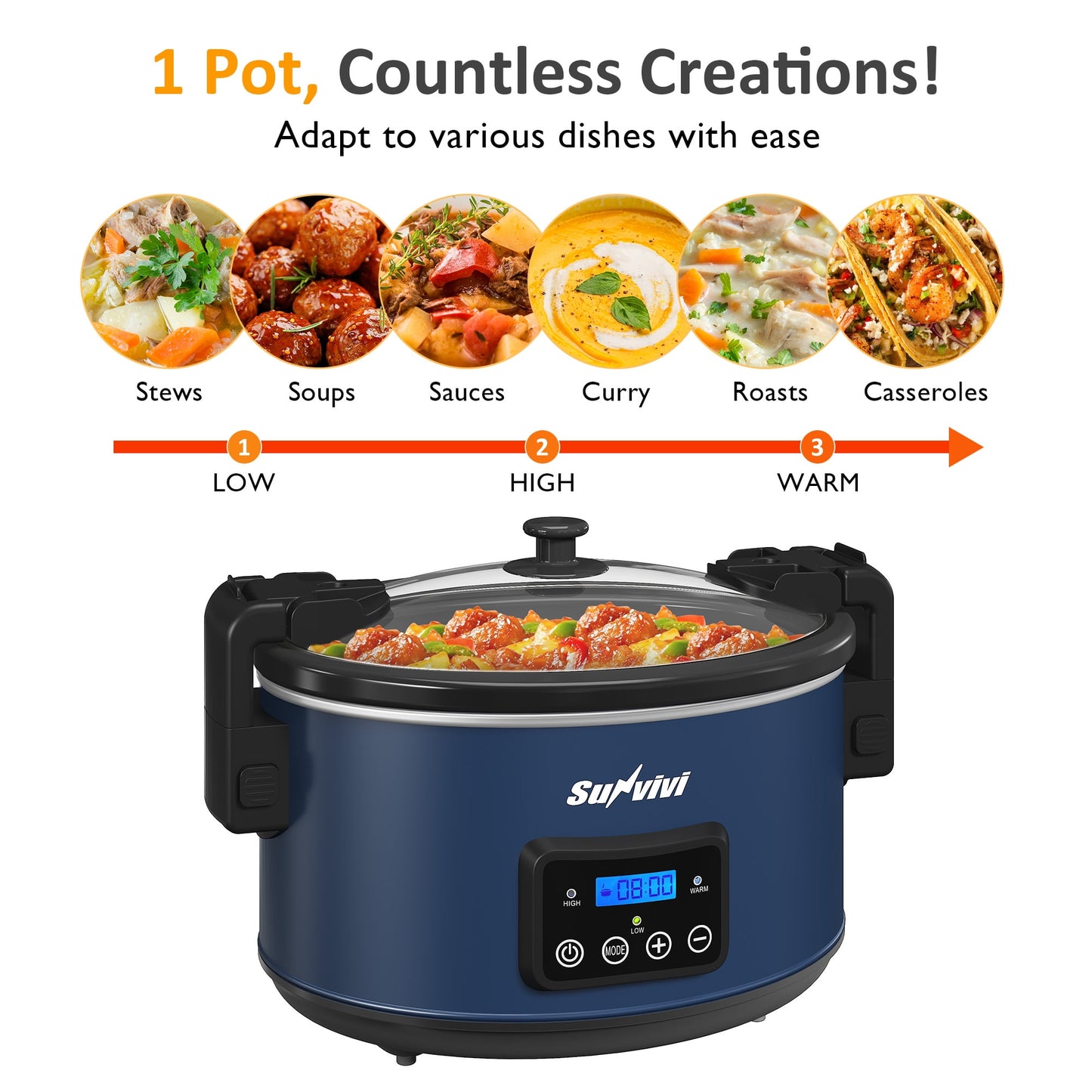 Sunvivi 8.5 Quart Programmable Slow Cooker with Locking Lid, Digital Timer, Dishwasher Safe, Blue