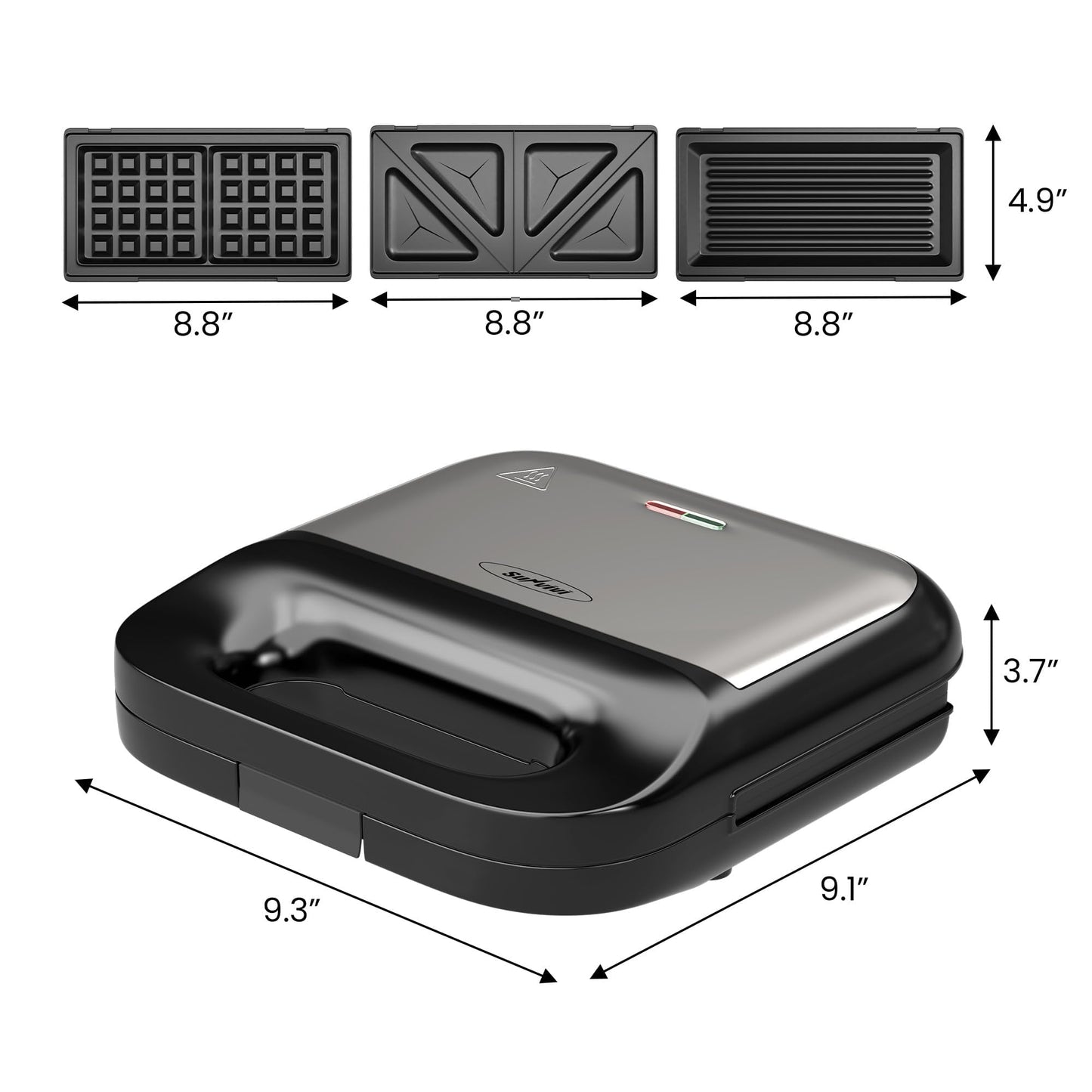 SUNVIVI Sandwich Maker Panini Press Waffle Maker with 3-in-1 - Removable Plates, 750W