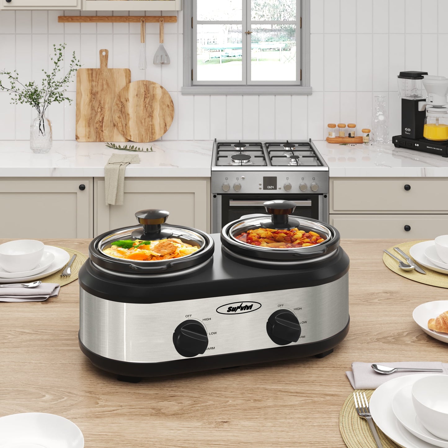 SUNVIVI Dual Pot Slow Cooker, 2 Pot Small Mini Crock Buffet Server and Warmer with Ceramic Pot, Adjustable Temp