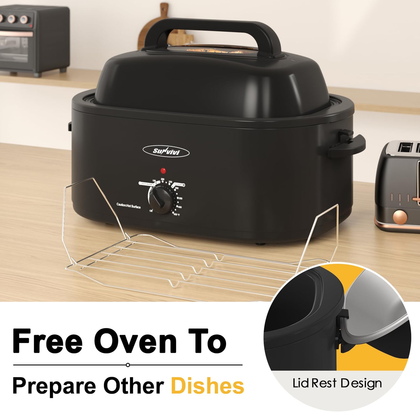 Sunvivi Roaster Oven with Self-Basting Lid, 24qt Electric Roaster with Removable Pan & Rack, Turkey Roaster Oven with Defrost & Warm Function, Stainless Steel, Black