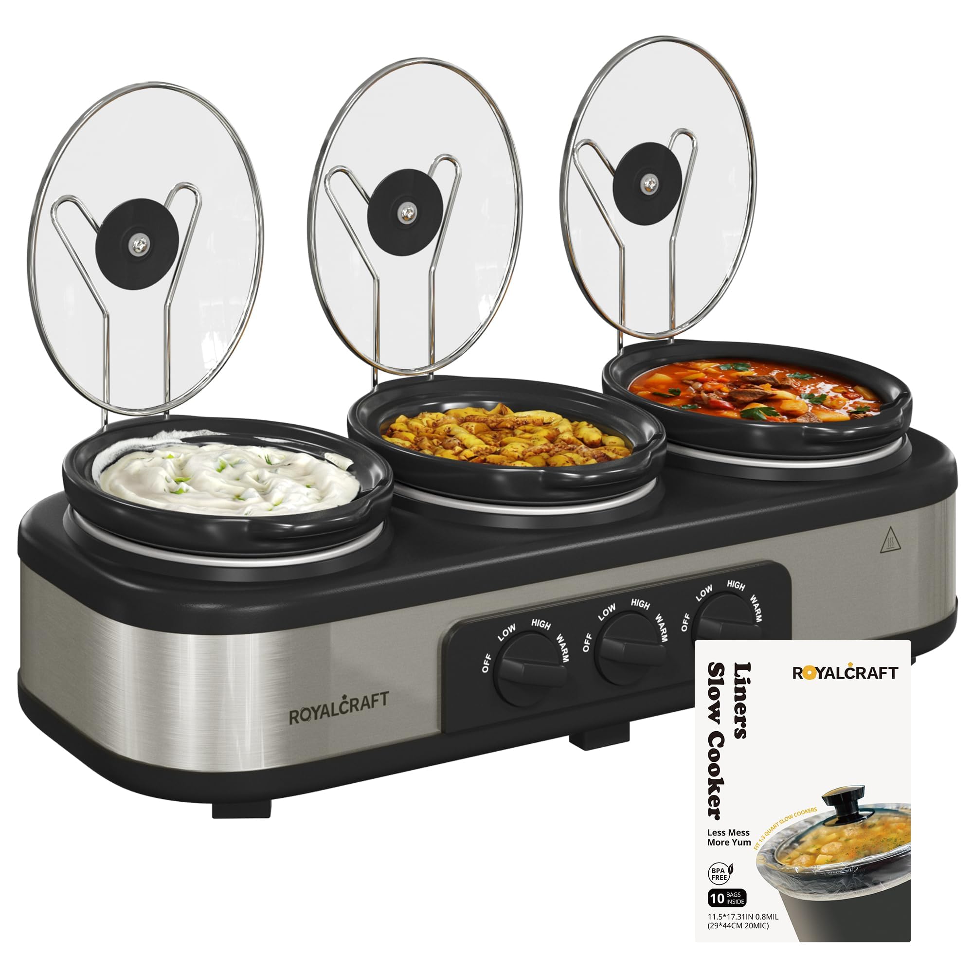 SUNVIVI Triple Slow Cooker Buffet Server with 10 Cooking Liners, 3 × 1.5QT