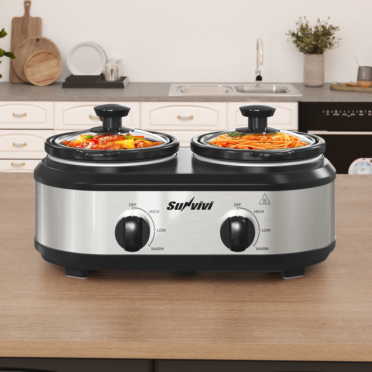 Sunvivi Dual Slow Cooker, Buffet Server and Warmer with 2 Removable Ceramic Pots, Slow Cooker Food Warmer with 3 Adjustable Temp & 2 Visible Glass Lids, Stainless Steel, Total 2.5 QT