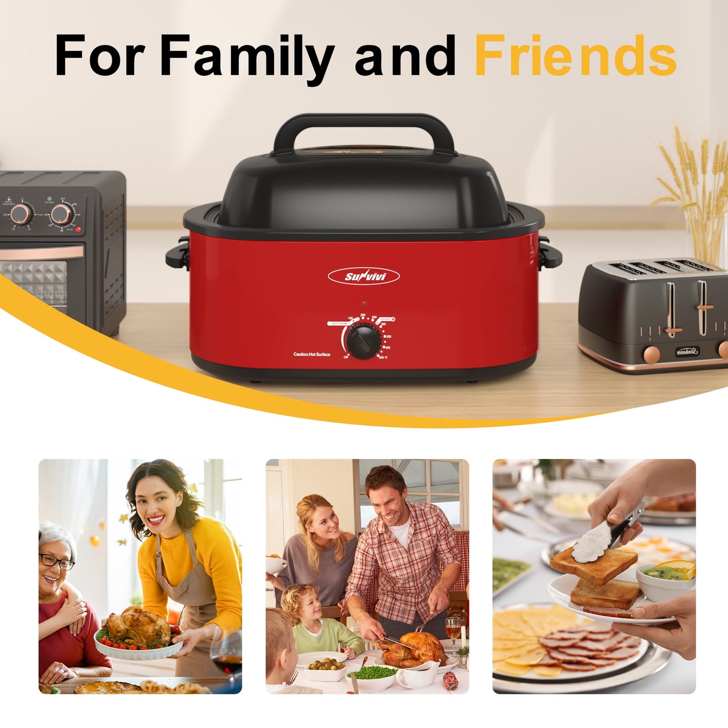 Sunvivi 24 Quart Electric Turkey Roaster Oven with Visible Glass Lid,Removable Pan & Rack, Stainless Steel,Red