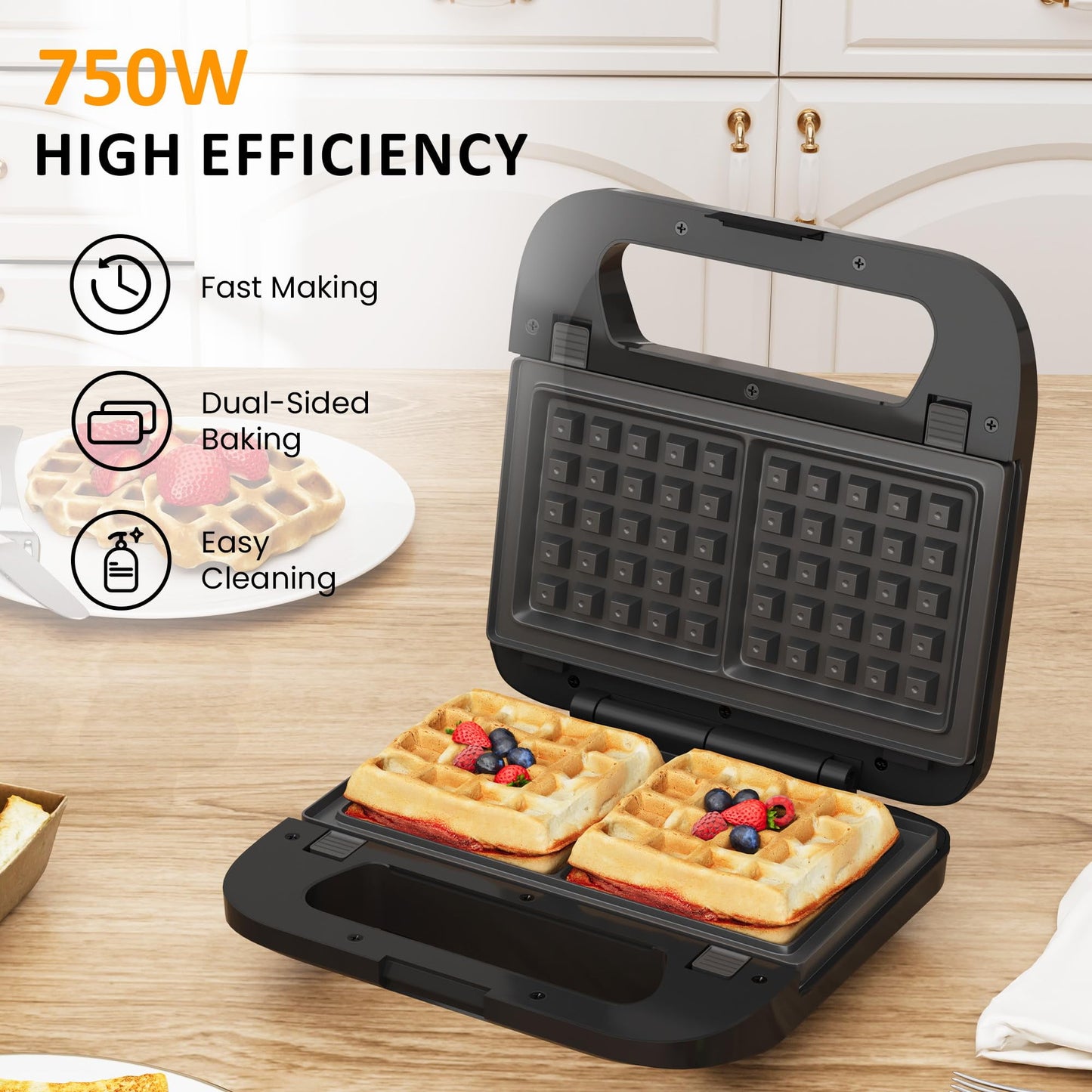 Sunvivi 3 in1 Electric Sandwich Maker, Panini Press Grill and Waffle Iron Set, Grill and Sandwich Press with Removable Non-Stick Plates, Indicator Lights & Cool Touch Handle, 750W, Black