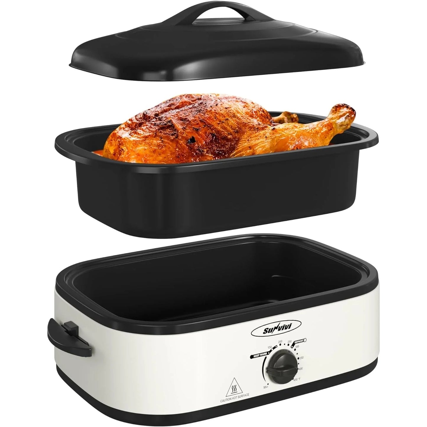 Sunvivi Roaster Oven, 14 Quart Electric Roaster with Self-Basting Lid, Turkey Roaster Oven with Removable Pan and Rack, Stainless Steel, White