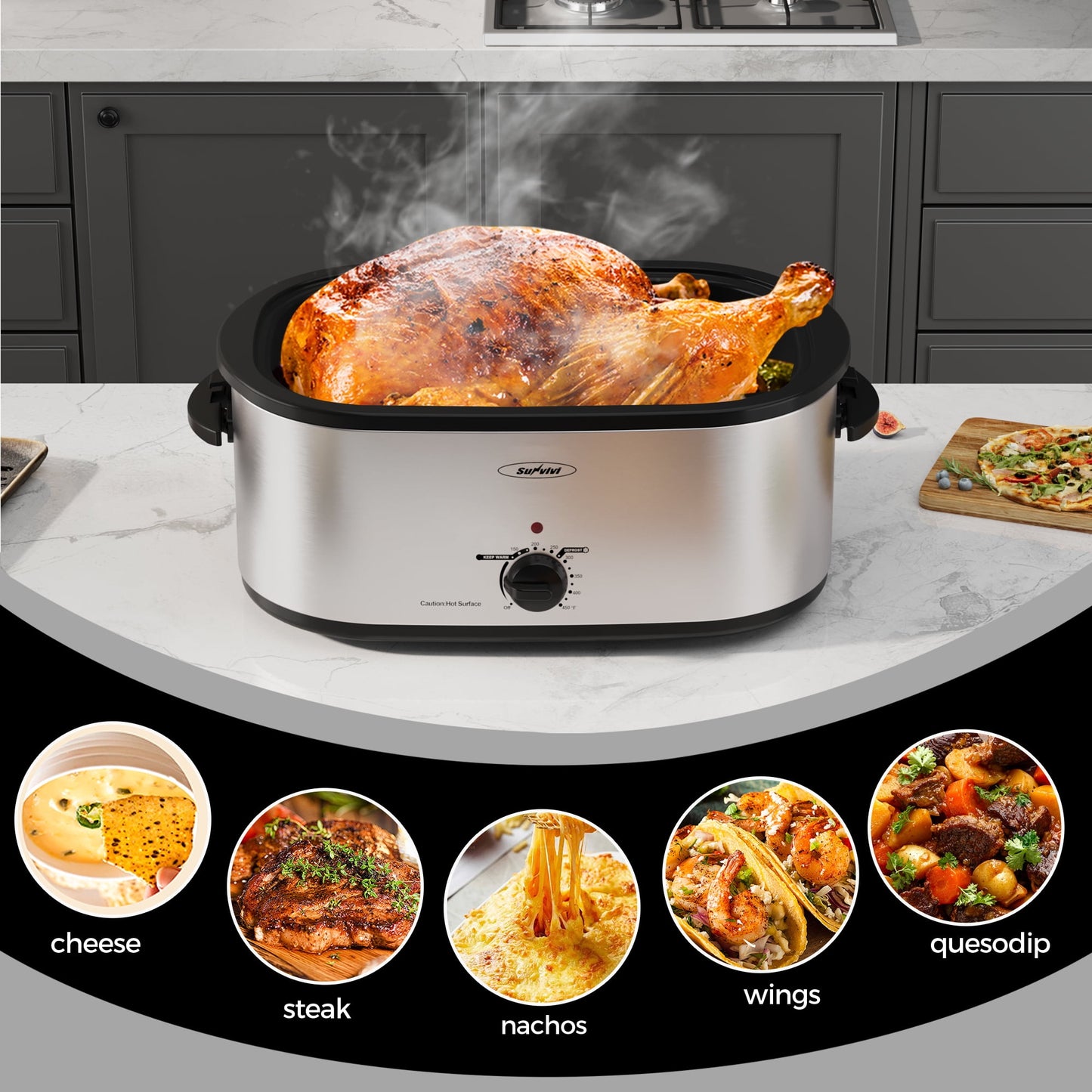 Sunvivi Roaster Oven with Self-Basting Lid, 24qt Electric Roaster with Removable Pan & Rack, Turkey Roaster Oven with Defrost & Warm Function, Stainless Steel, Silver