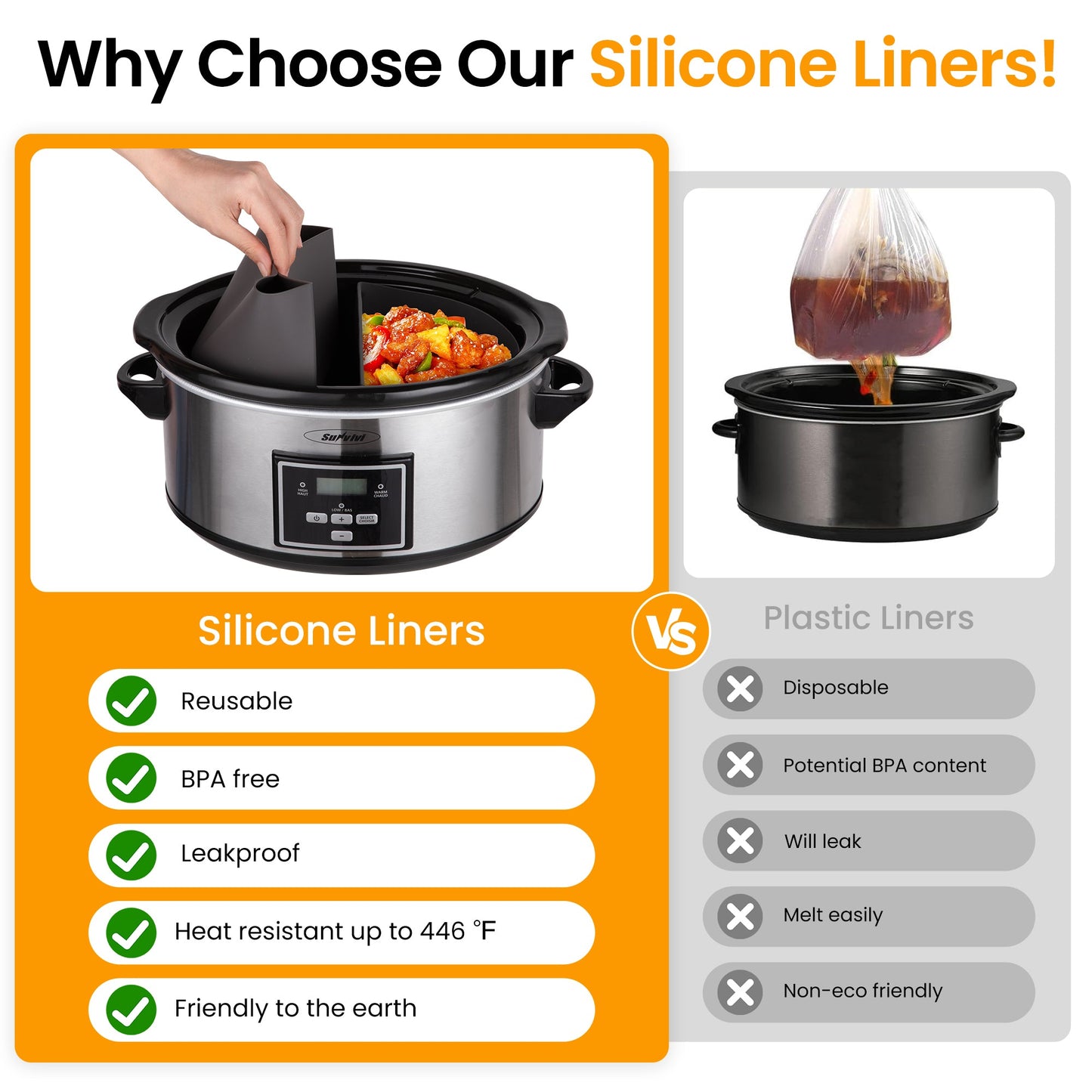 2 in 1 Silicone Slow Cooker Liners Fit for Crock Pots 6 Quart