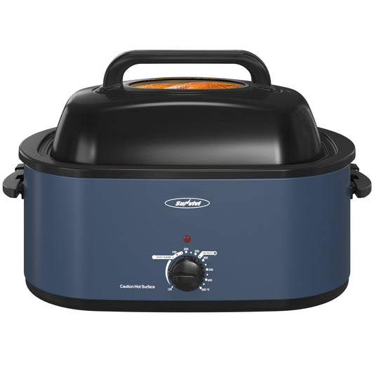 22 Quart Electric Turkey Roaster Oven with Visible Glass Lid,Removable Pan & Rack, Stainless Steel,Blue