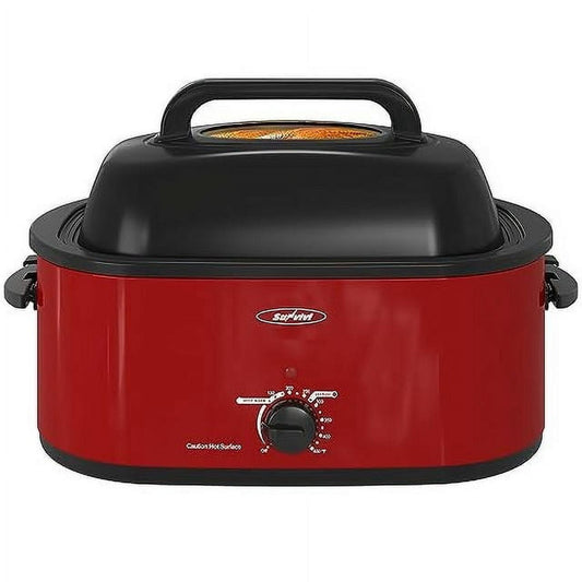 24 Quart Electric Turkey Roaster Oven with Visible Glass Lid,Removable Pan & Rack, Stainless Steel,Red