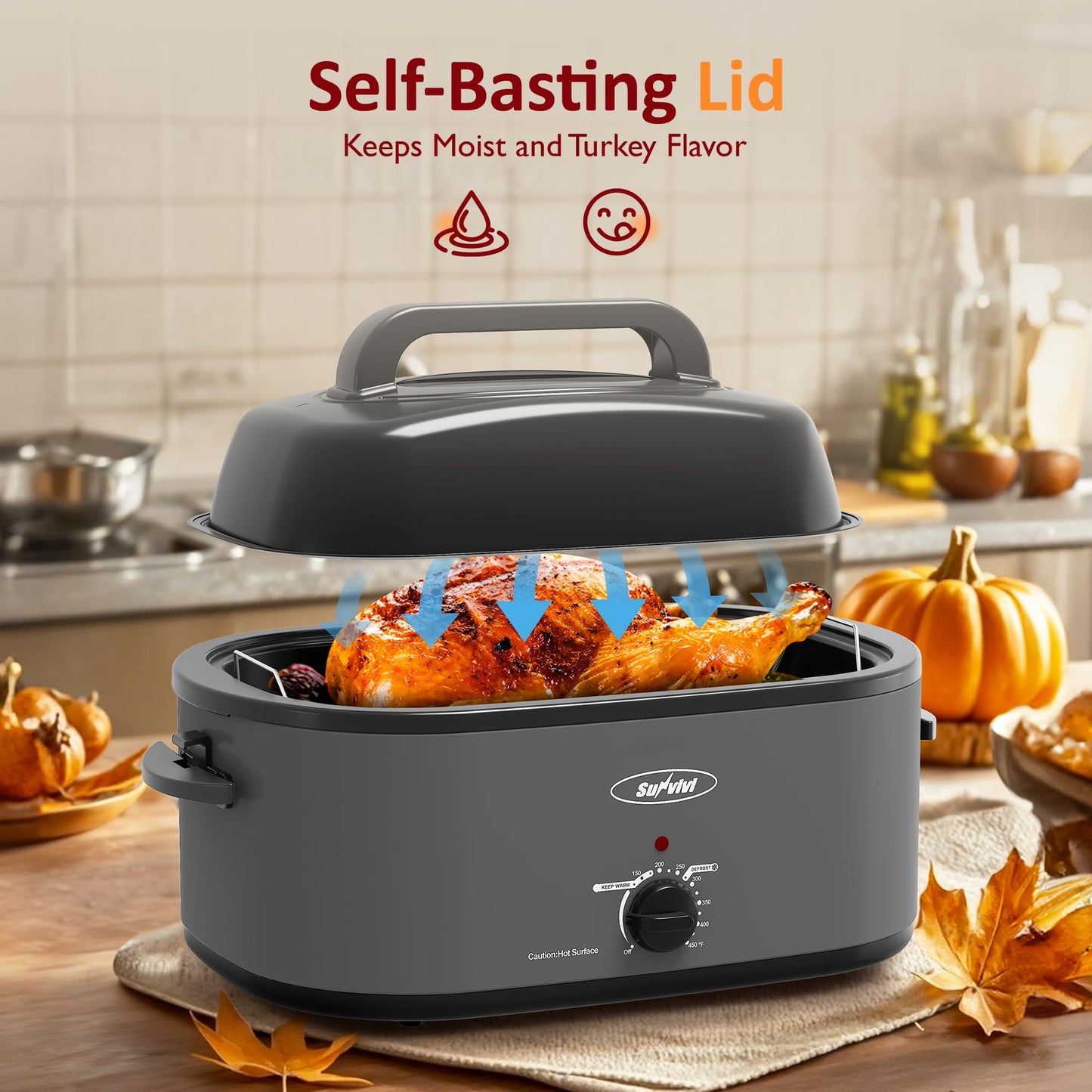 Sunvivi Electric Roaster Oven with Self-Basting Lid, 26 Quart, 150-450¡ãF, Gray