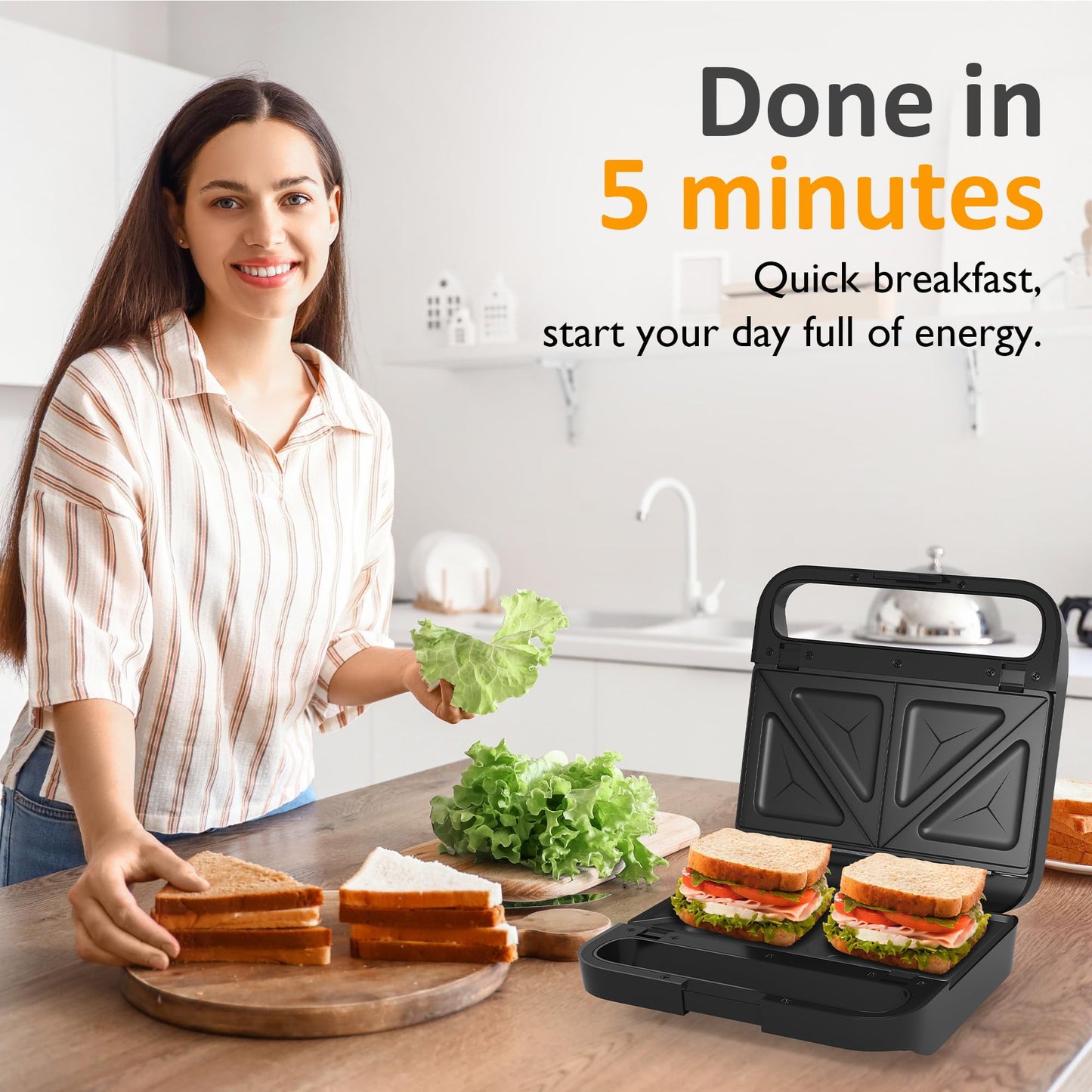 Sunvivi 3 in1 Sandwich Maker, Electric Waffle Maker with Removable Non-stick Plates, 850W Panini Press Grill with Glass Top, Cool Touch Handle & Easy to Clean, Black