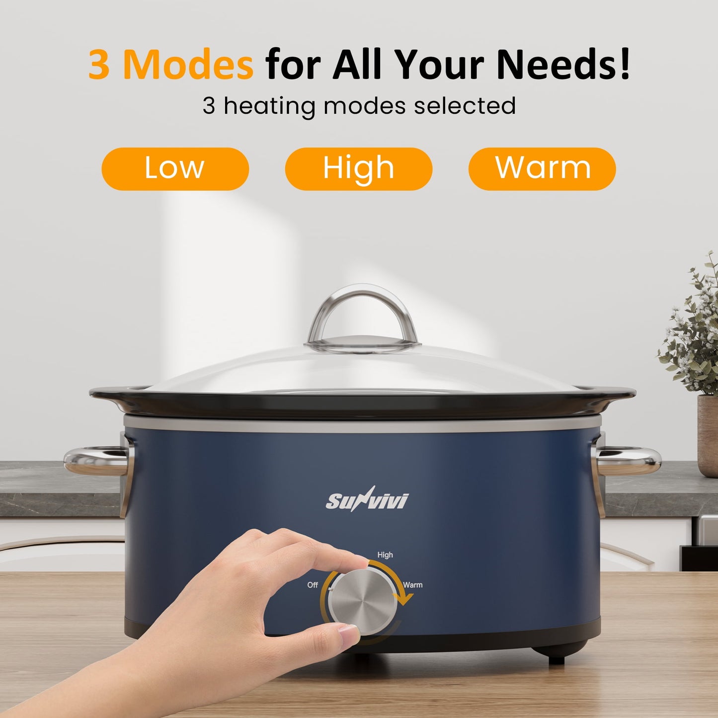 3QT Compact Slow Cooker & Food Warmer with 3 Temperature Settings, Removable Ceramic Pot, Dishwasher-Safe Glass Lid, Stainless Steel - Available in Black, Silver, and Blue