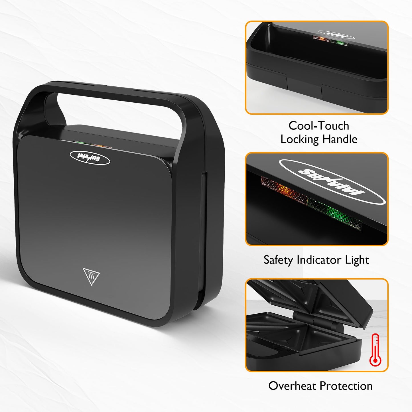 Sunvivi 3 in1 Sandwich Maker, Electric Waffle Maker with Removable Non-stick Plates, 850W Panini Press Grill with Glass Top, Cool Touch Handle & Easy to Clean, Black