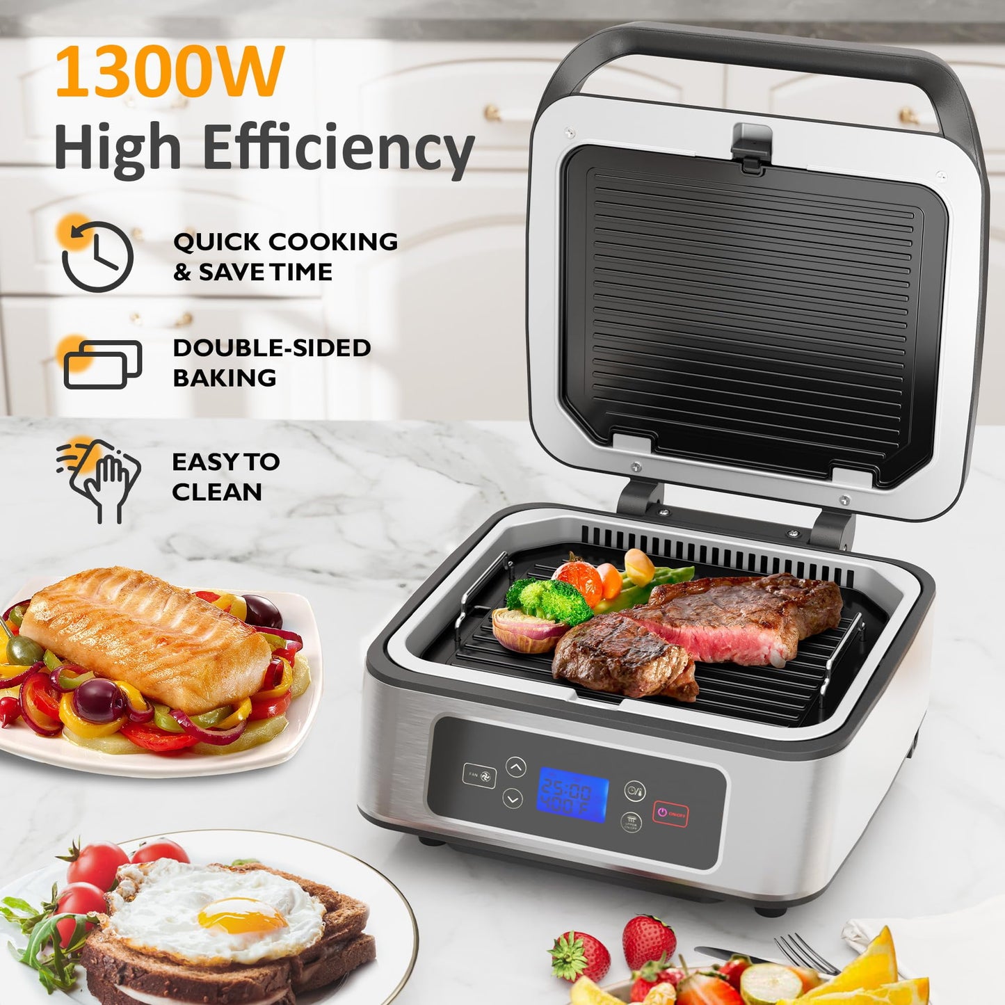 Sunvivi 1300W Smokeless Indoor Grill, Electric Panini Press Sandwich Maker with Auto-Lift, Fan, Independent Upper Heating, and Smart Time & Temperature Control, Removable Non-Stick Plates