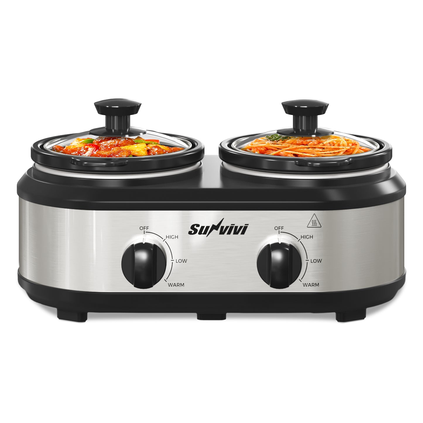 Sunvivi Dual Slow Cooker, Buffet Server and Warmer with 2 Removable Ceramic Pots, Slow Cooker Food Warmer with 3 Adjustable Temp & 2 Visible Glass Lids, Stainless Steel, Total 2.5 QT