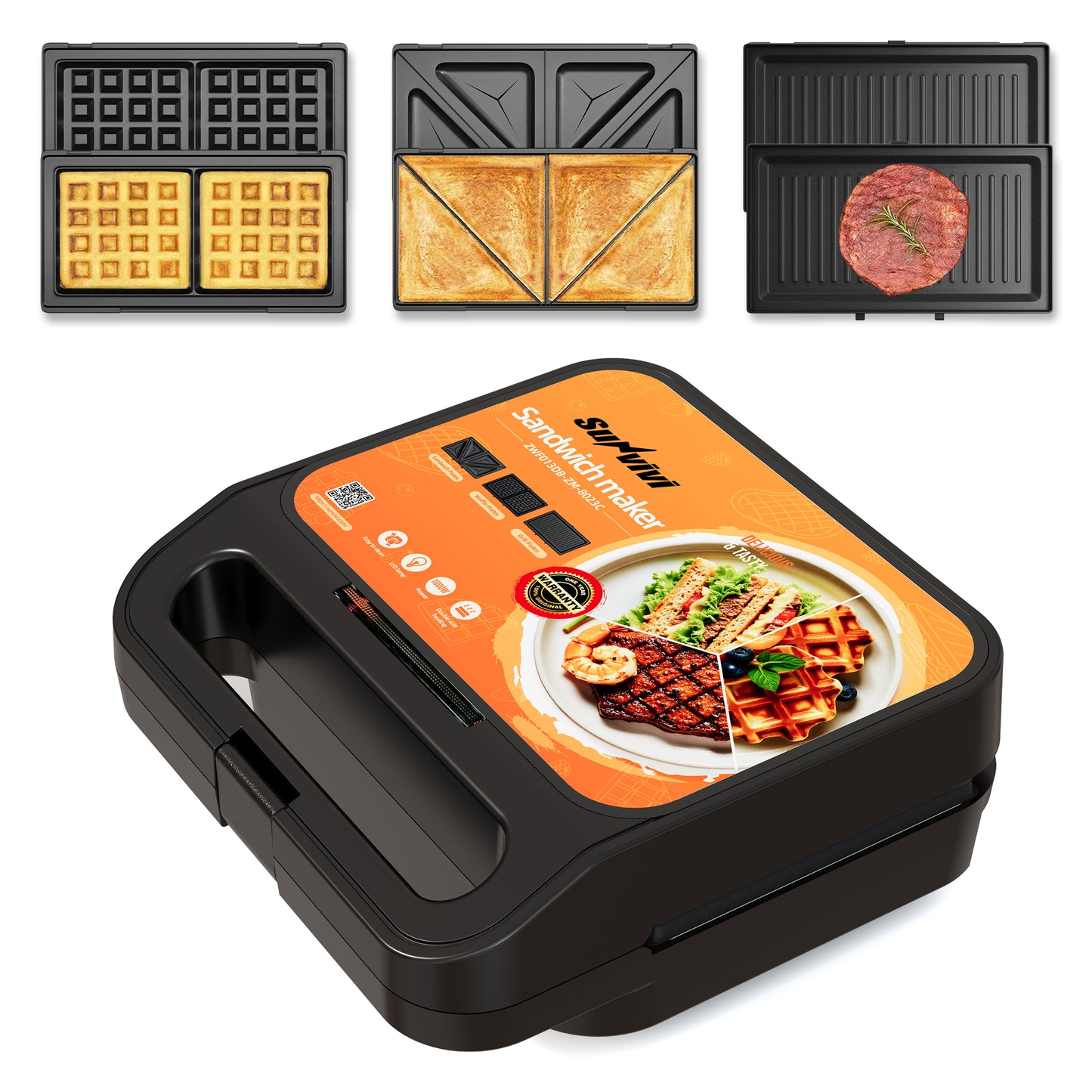 Sunvivi 3 in 1 Sandwich Maker, Electric Waffle Maker