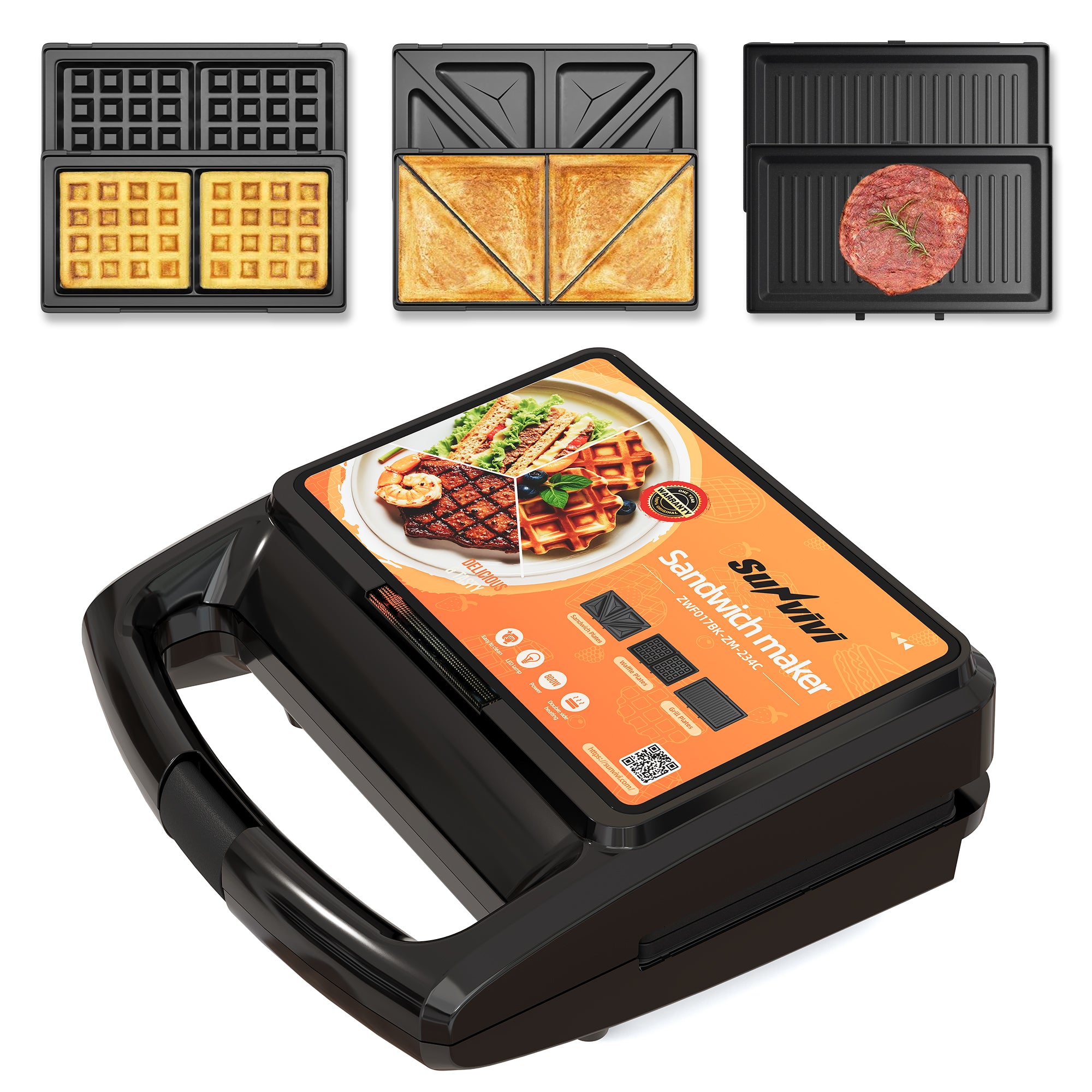 Sunvivi 3 in 1 Sandwich Maker, Electric Waffle Maker with Removable Non-stick Plates, 800W Panini Press Grill with Glass Top, Cool Touch Handle & Easy to Clean, Black