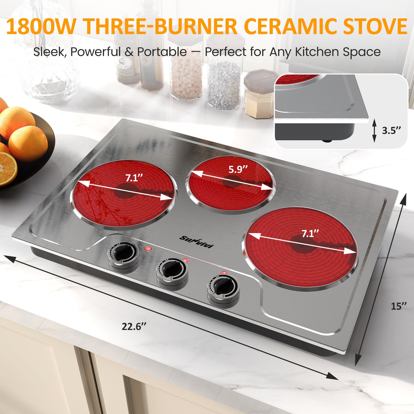 Sunvivi 1800W Triple Burner Portable Electric Ceramic Stove Knob Control