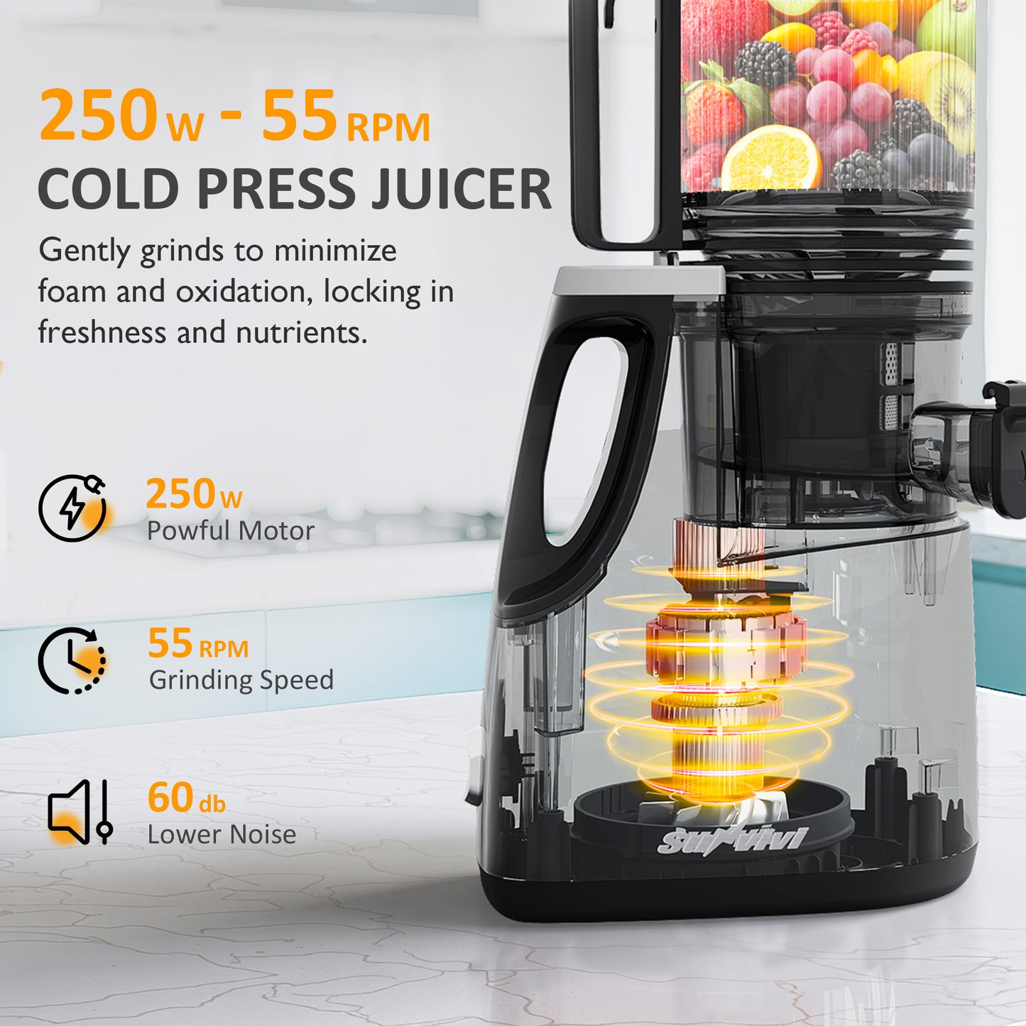 Sunvivi Cold Press Juicer with 5.9" Wide Feed Chute, 250W Slow Juicer Machines Fit Whole Vegetables & Fruits, Easy to Clean, Dual-Layer Strainer, High Juicer Yield Masticating Juicer for Home, Black