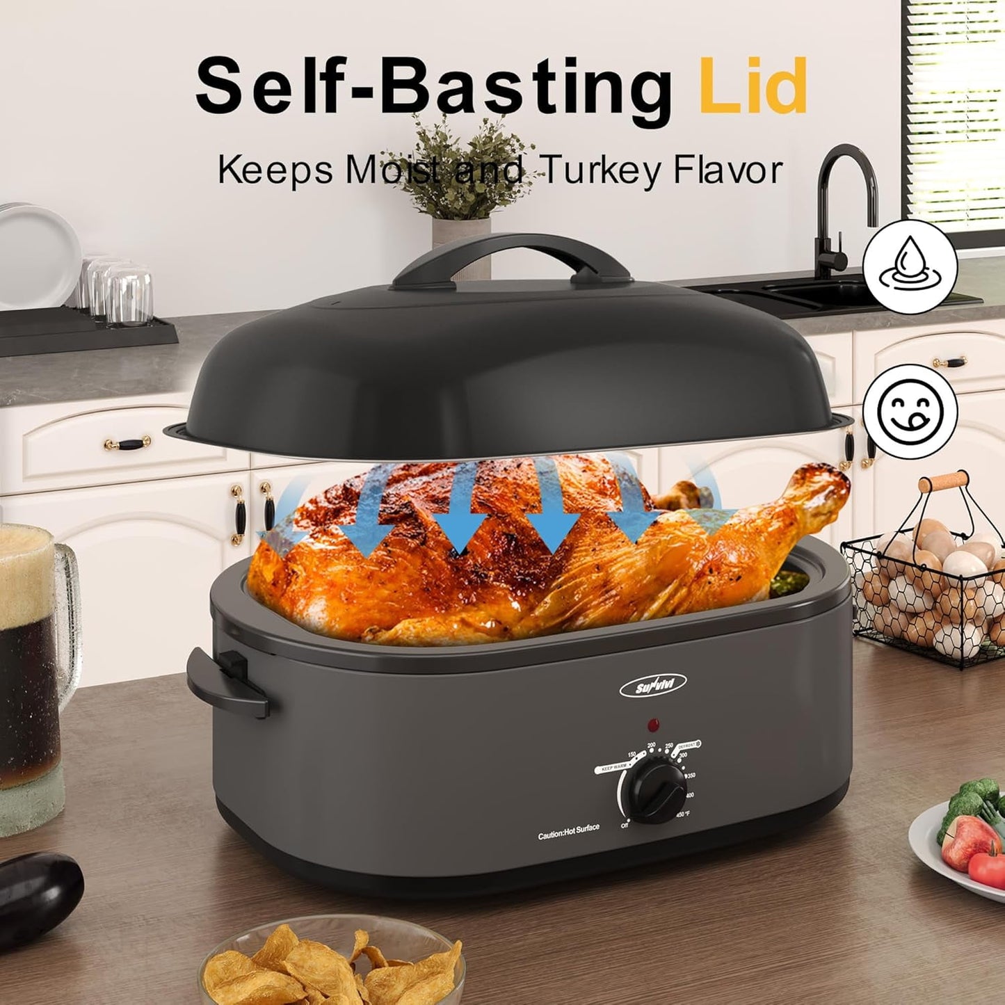 Sunvivi 18QT Roasting Oven with Self-Basting Lid Removable Pan, 150 to 450F Temperature Control Cool-Touch Handles,Grey