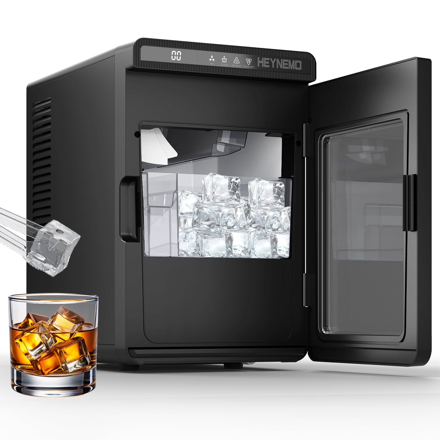 Sunvivi Clear Ice Maker for Home ¨C Compact Countertop Ice Machine with 1.6" Square Ice Cubes, Self-Cleaning, LED Light & Timer, Portable Electric Ice Maker for Kitchen, Bar, RV, Black