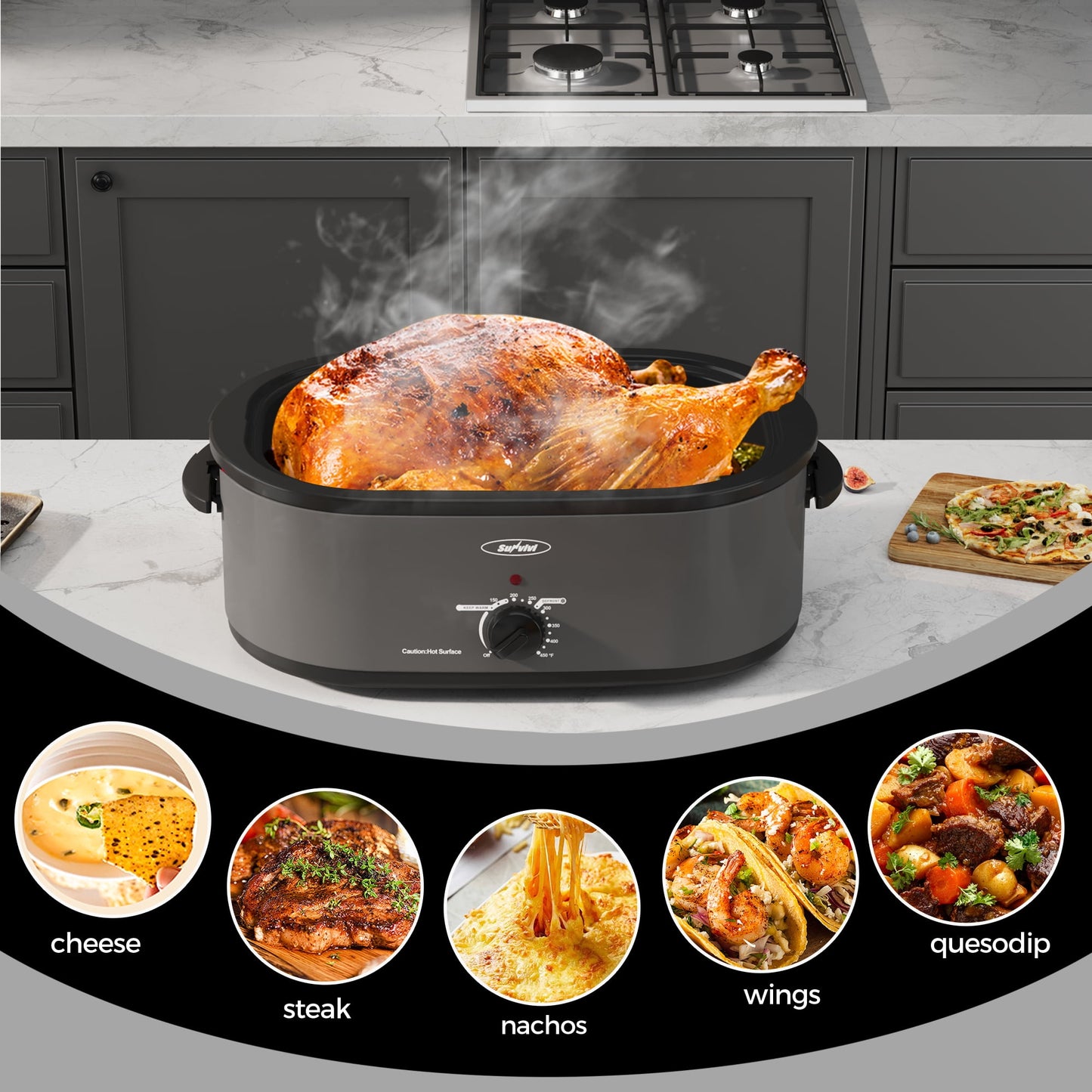 Sunvivi Roaster Oven with Self-Basting Lid, 20qt Electric Roaster with Removable Pan & Rack, Turkey Roaster Oven with Defrost & Warm Function, Stainless Steel, Grey