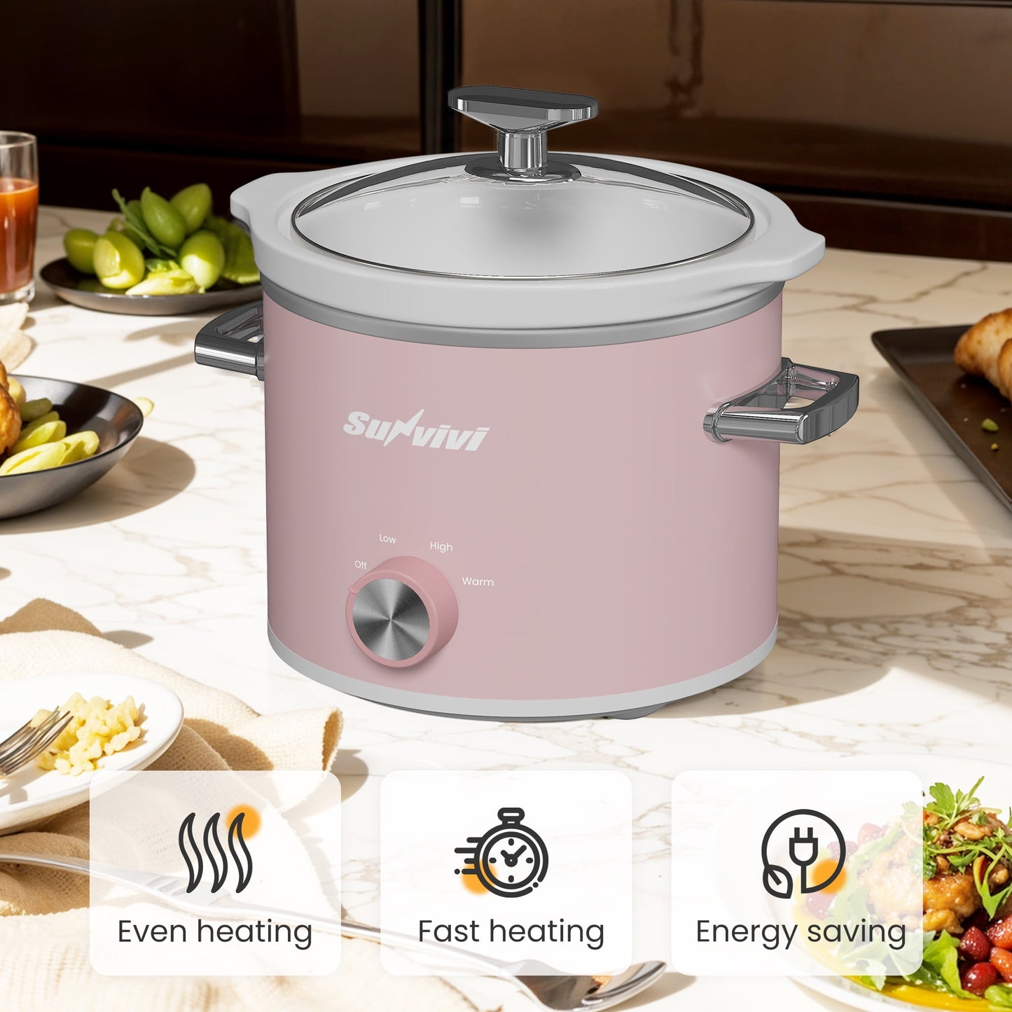 2QT Small Slow Cooker with Removable Ceramic Pot, 3 Heating Settings, Dishwasher-Safe Glass Lid, Pink