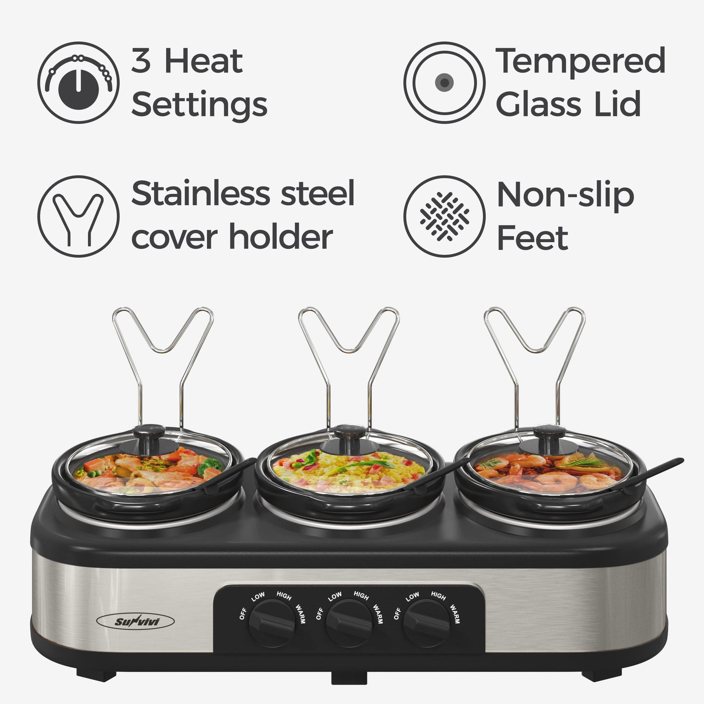 Triple Slow Cooker with 3 Spoons, 3 Pot 1.5 Quart Oval Crock Food Warmer Buffet Server, Stainless Steel