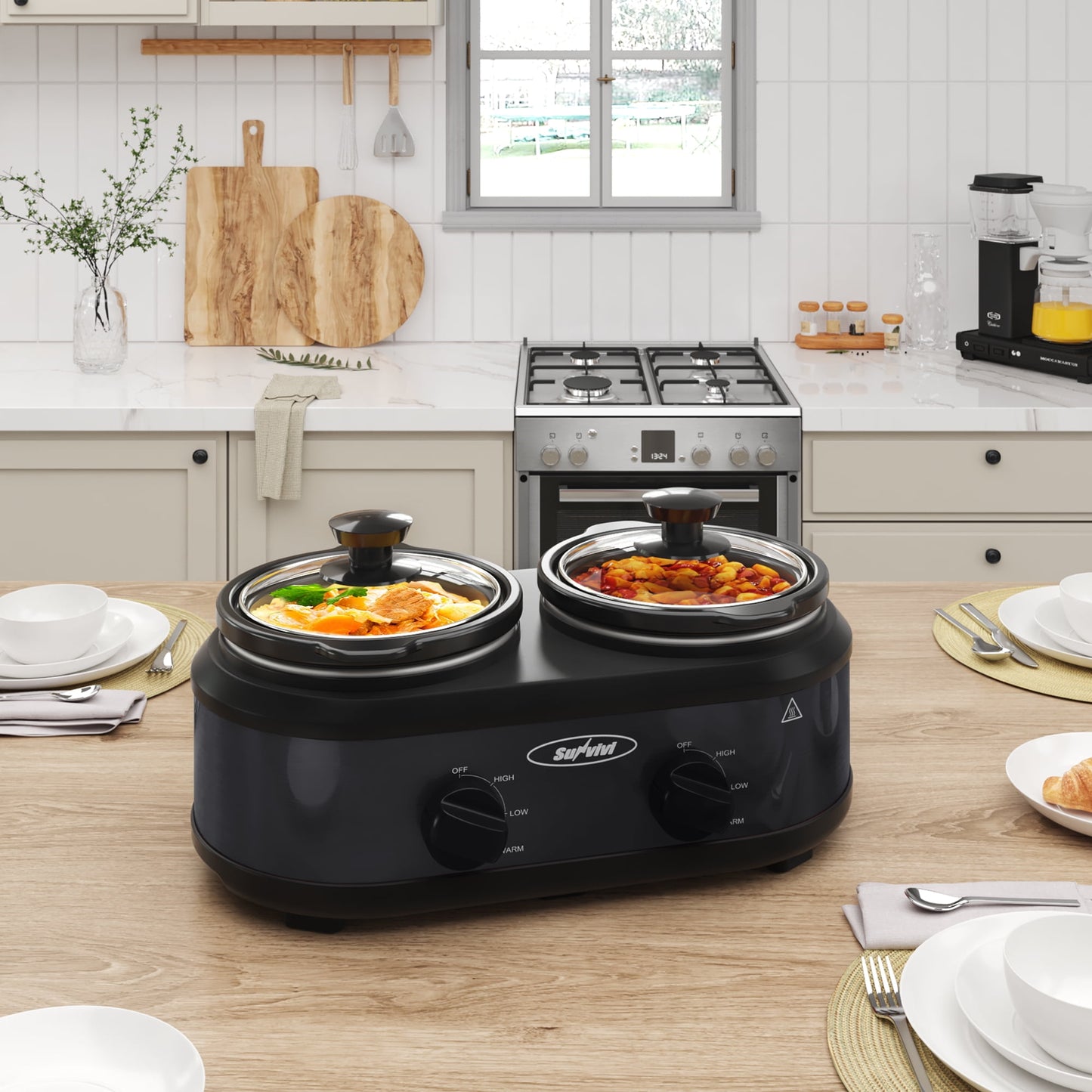 SUNVIVI Small Double Slow Cooker, 2 Pot 1.25 Quart Oval Crock Food Warmer Buffet Server, Stainless Steel