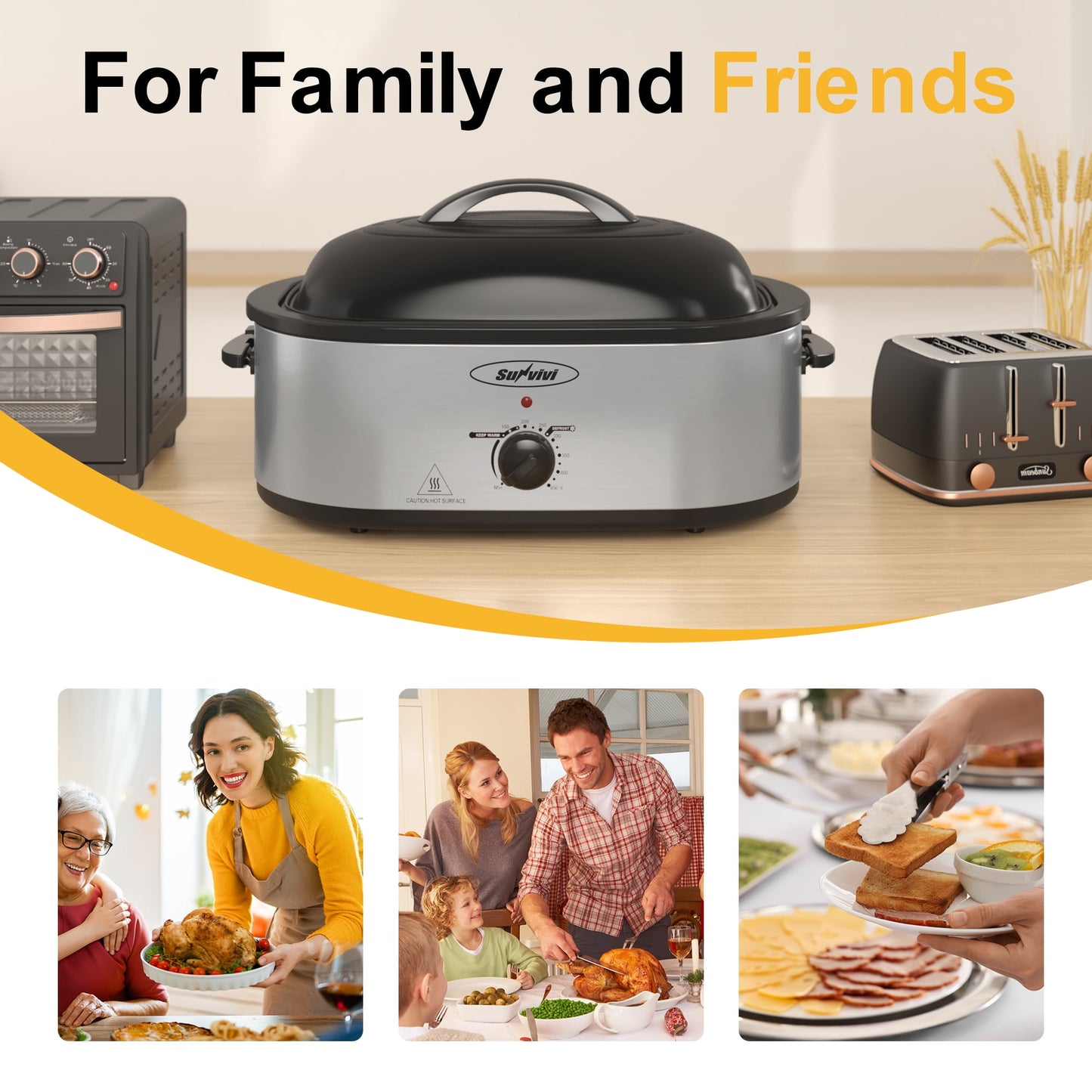 Sunvivi 18 Quart Electric Roaster Oven with Removable Pan, 150 to 450¡ãF Temperature Control, and Cool-Touch Handles, Silver