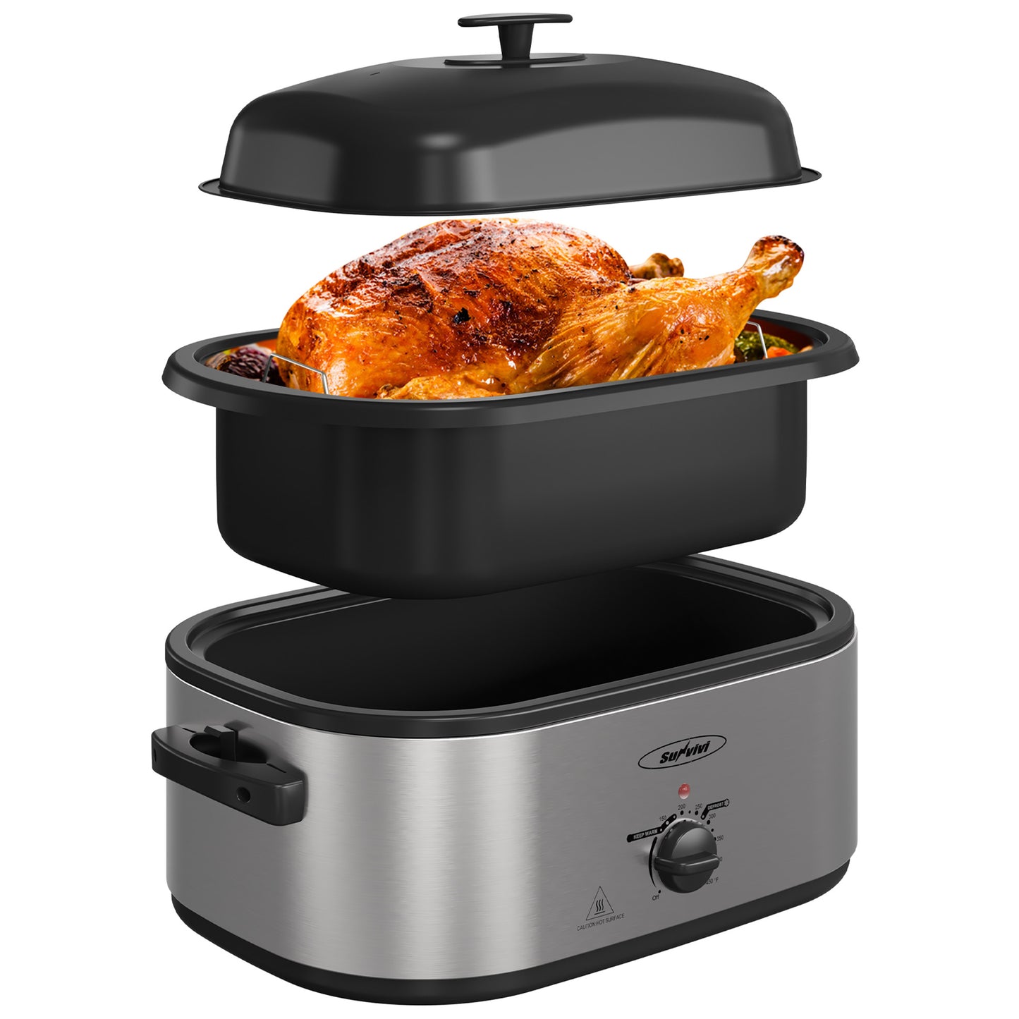 Sunvivi Electric Roaster Oven, 20 QT Roaster with Self-Basting Lid and Buffet Server, Turkey Roaster Oven with 150-450°F Full-Range Temperature Control, Removable Pan & Rack, Stainless Steel, Silver