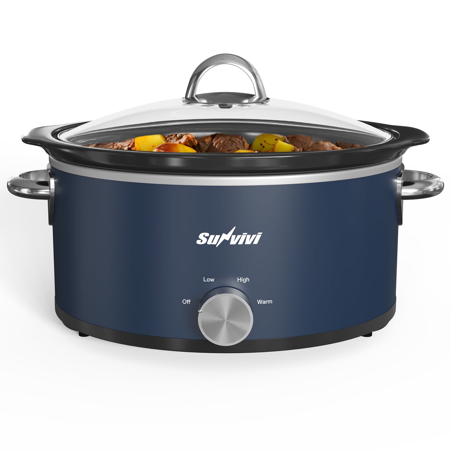 3QT Compact Slow Cooker & Food Warmer with 3 Temperature Settings, Removable Ceramic Pot, Dishwasher-Safe Glass Lid, Stainless Steel - Available in Black, Silver, and Blue