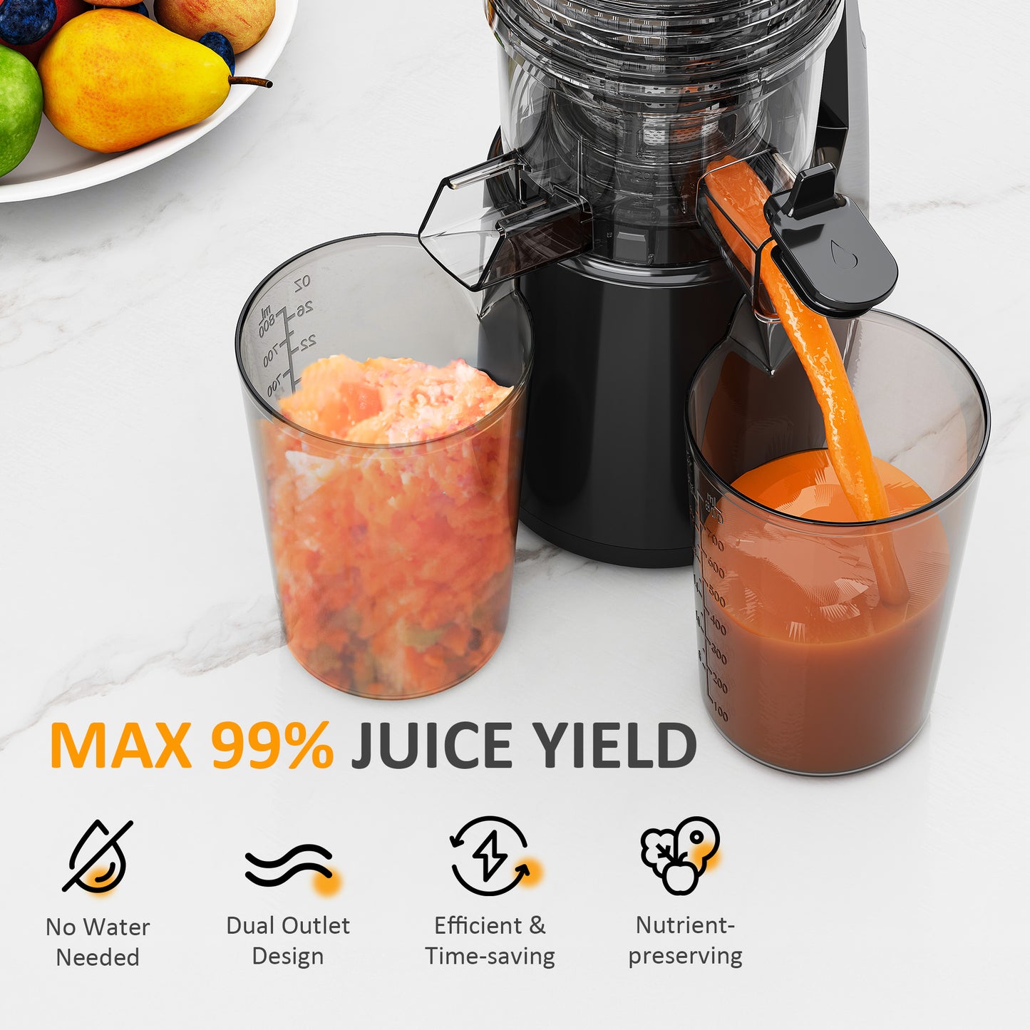 Sunvivi Cold Press Juicer with 5.9" Wide Feed Chute, 250W Slow Juicer Machines Fit Whole Vegetables & Fruits, Easy to Clean, Dual-Layer Strainer, High Juicer Yield Masticating Juicer for Home, Black
